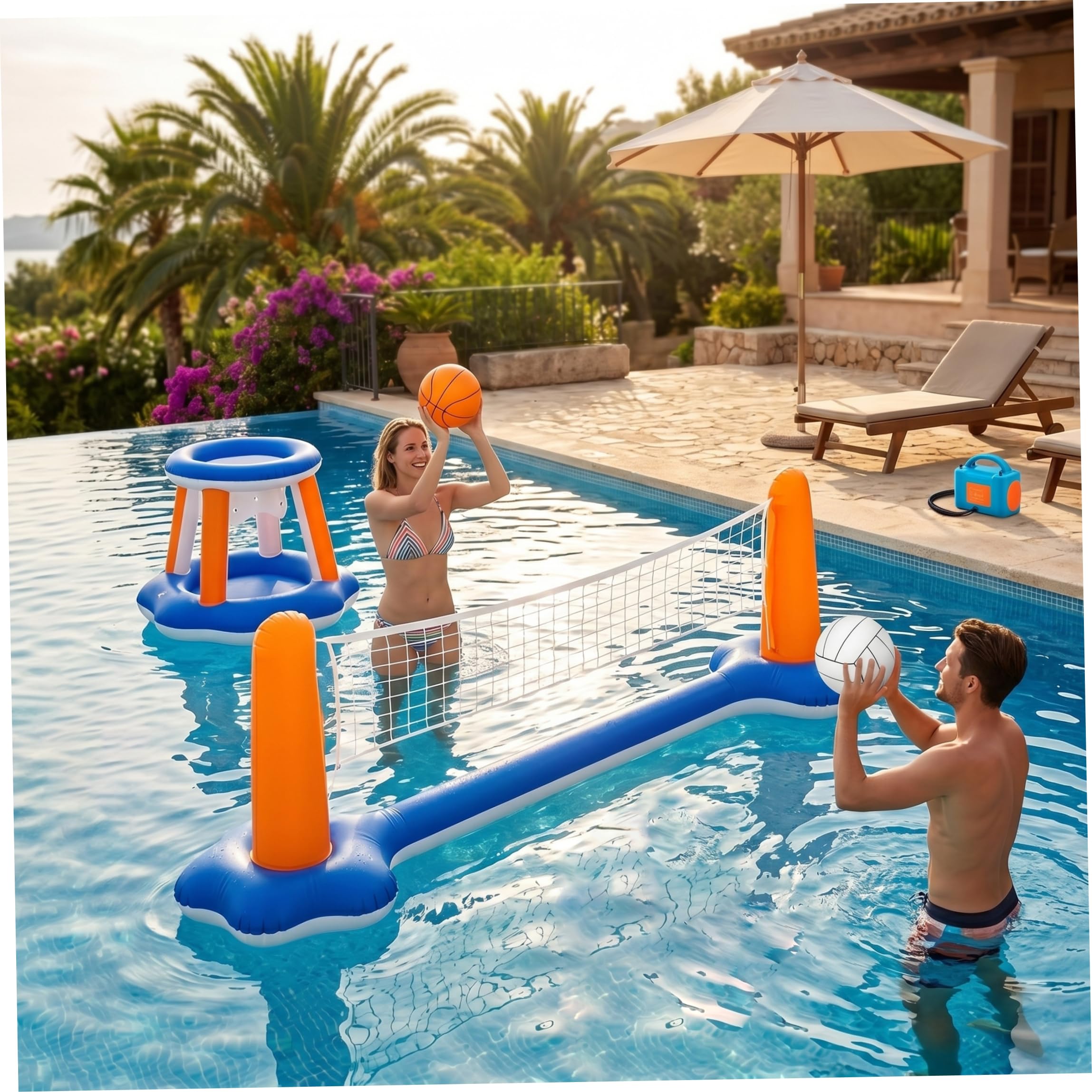 Red flotante de voleibol para piscina, red de voleibol para piscina y juego de baloncesto, juego de agua inflable flotante con 2 bolas, juguetes de verano para exteriores/interiores para adultos, fam
