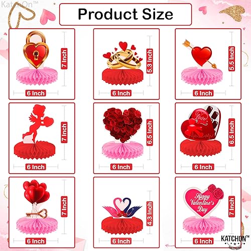 Miniatura 2 de KatchOn, Centros de mesa de panal de abeja rojos de San Valentín, paquete de 9, decoraciones de San Valentín para fiestas, decoraciones de mesa rosa
