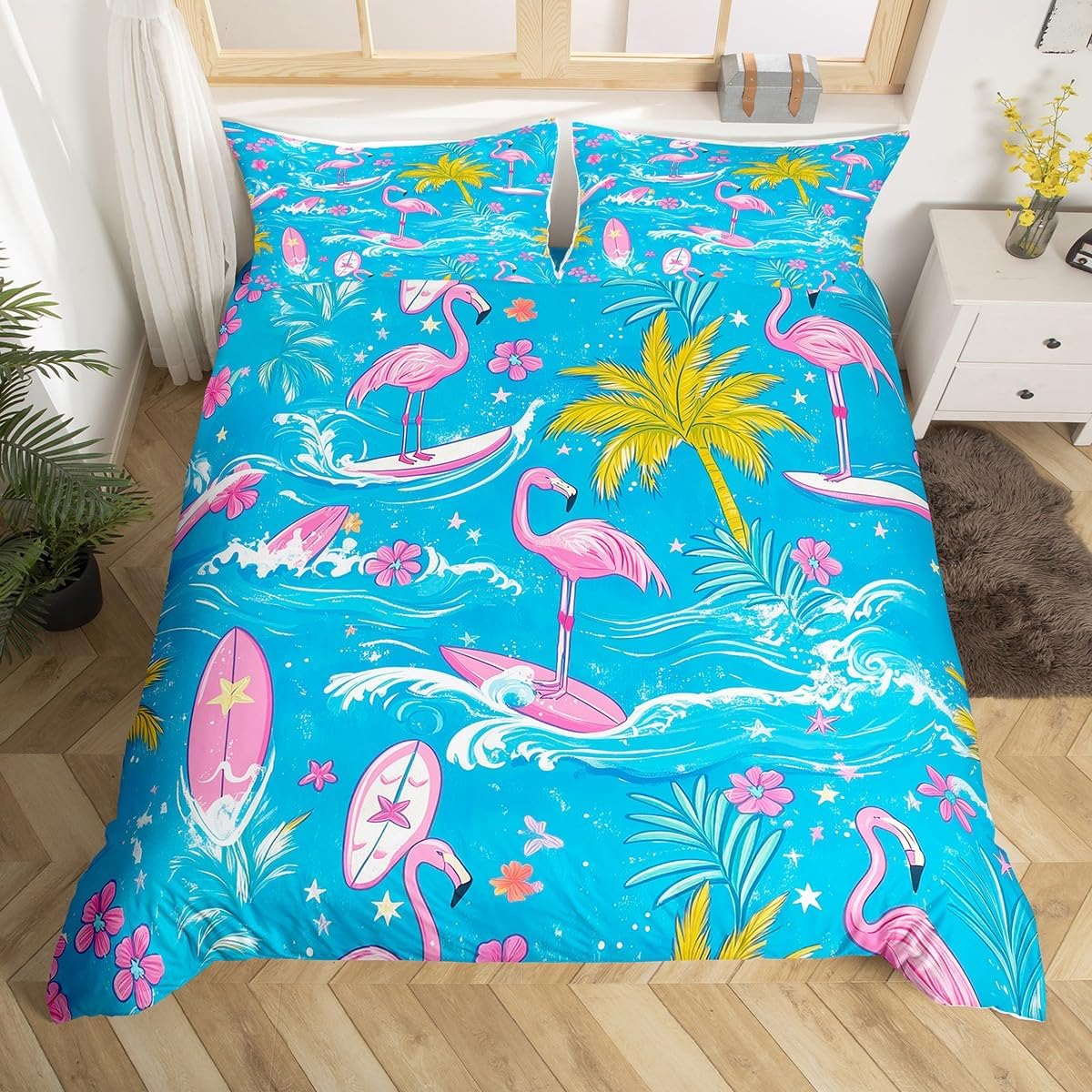 Cartoon Flamingo Duvet Cover Set Toddler Size,Surfboards Surfing Sports Cute Animal Bedding Set,Boys Girls Room Decor,Hawaii Summer Ocean Comforter Cover,Pink Blue Quilt Cover,1 Pillowcase(No Filler)