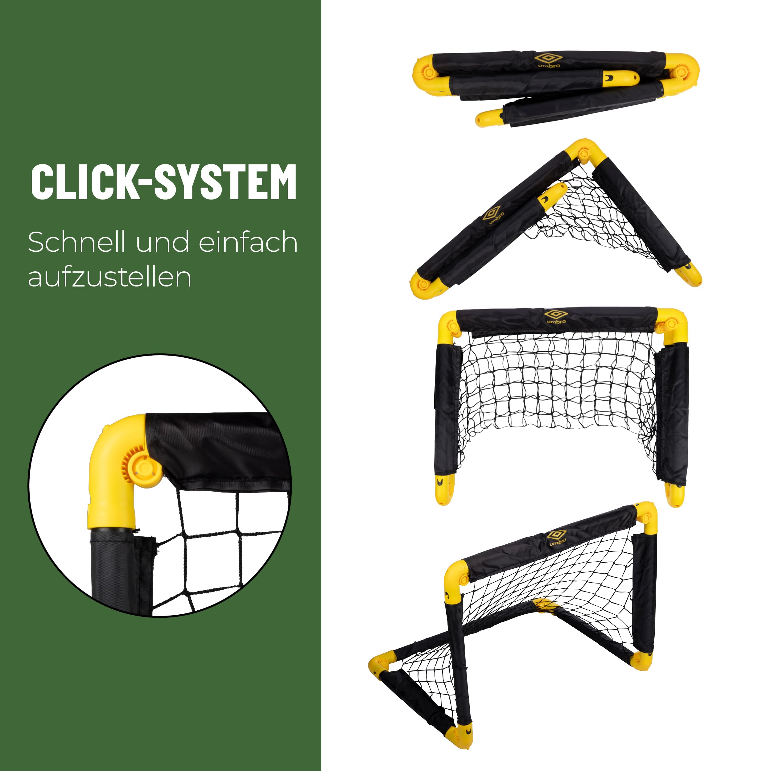 Umbro Fußballtor 50 x 44 x 44 cm - Fußballtore Set von 2 - Faltbares Fussballtor - Fussballtore für Garten Kinder - Fussball Trainingszubehör für Innen und Außen - Kunststoff - Schwarz/Gelb | Faltbar, Für Garten Kinder, Trainingszubehör für Innen und Auße