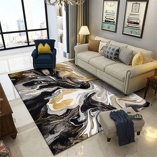 Alfombra de lujo con diseño de mármol dorado y gris, para decoración del hogar, antideslizante, de fácil cuidado, adecuada para sala de estar,