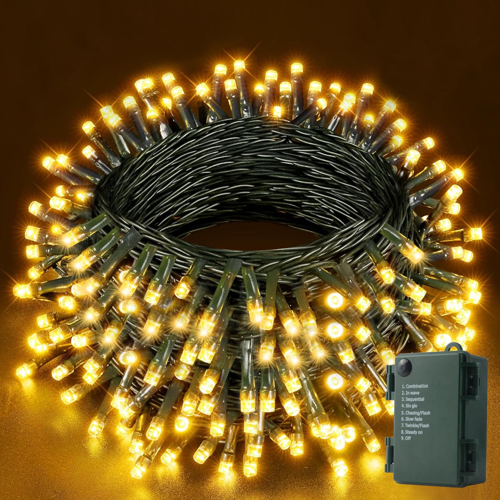 Cadena de Luces Con Batería, 30 m, 300 LEDs, Para Exterior e Interior, Con Temporizador, 8 Modos, Impermeable, Cable Verde - Navidad, Jardín, Fiestas