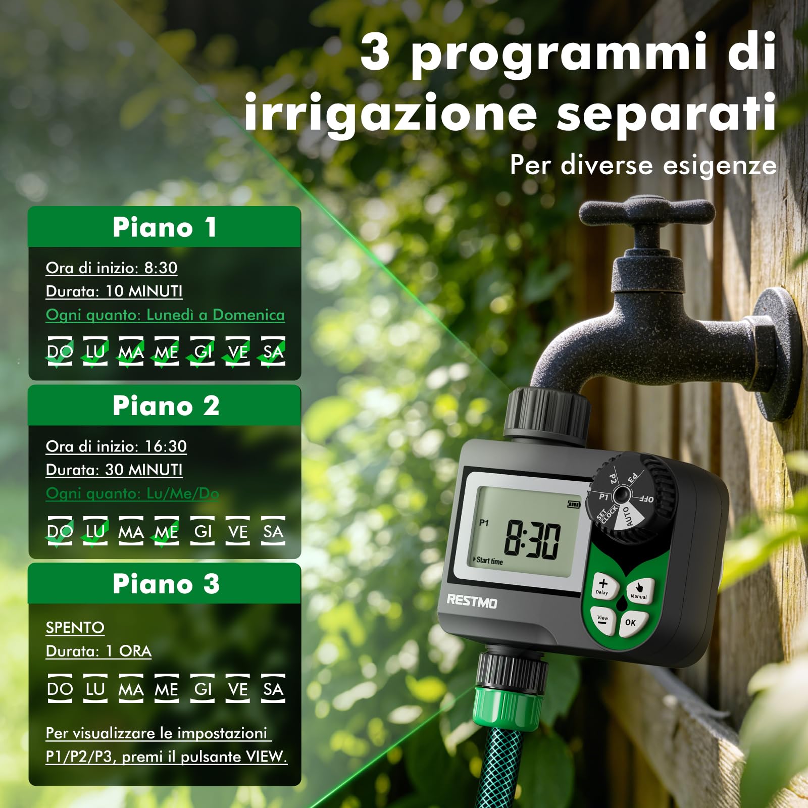 RESTMO Computer di Irrigazione, Timer Irrigazione con valvola a sfera | Programma Settimanale, 3 Piani e Ritardo Della Pioggia (24-72 h), per Cisterne Piovane, Aiuole Rialzate e Prati