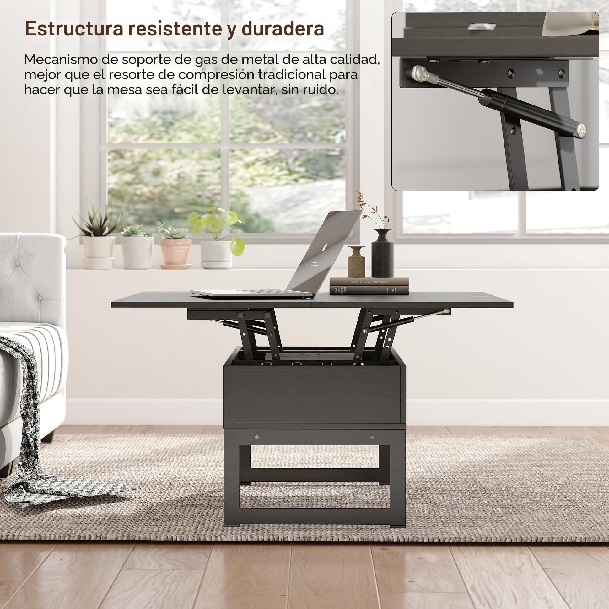 Manora Mesa de Centro Elevable y Extensible, Mesa de Salón o Comedor elevable con Almacenamiento Oculto, Medidas: 94cm x 46cm x 41cm, Negro y Marrón