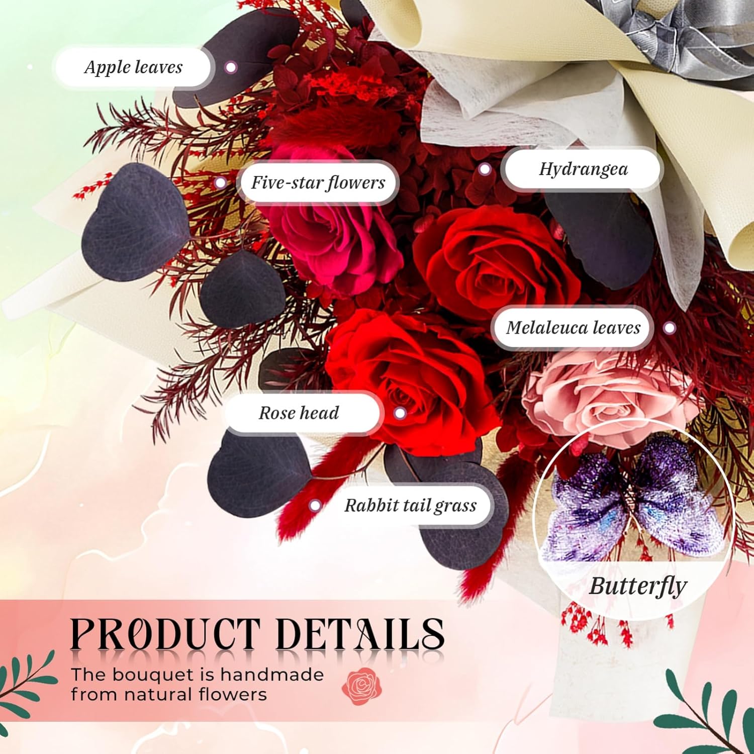 Preserved Flowers Bouquet Roses with Vases,Real Birthday Flowers for Delivery Prime,Forever Glitter Rose Bouquets Kit,Handmade Eternal Rosas Butterfly Gifts for Mom Birthday Women Girl (Red) - Image 6