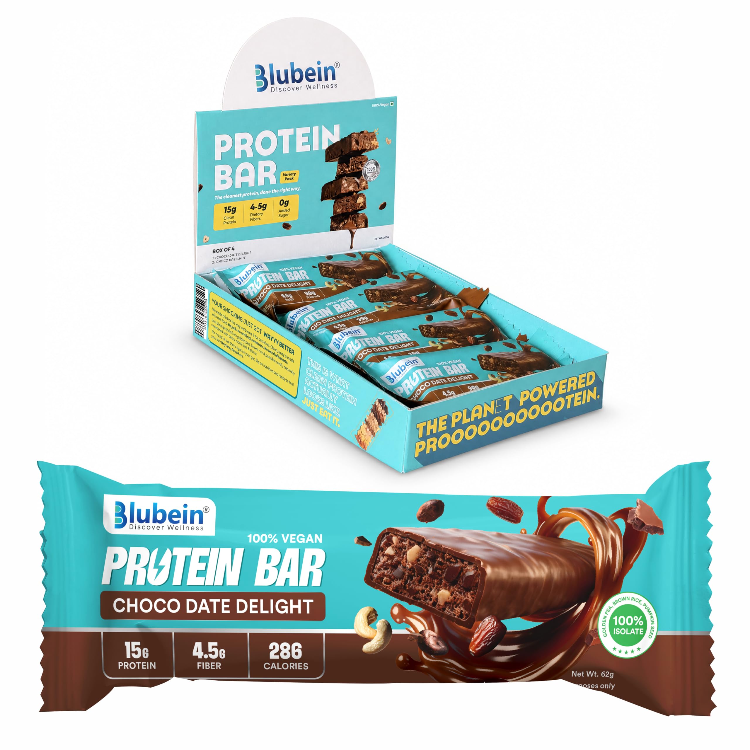 Blubein Protein Bar - Choco Date Delight, 15g Plant Protein, Protein bars without sugar, No Gluten or Soy, No Palm Oil, Made with 100% Natural Ingredients & No Preservatives, Non-GMO | 63g Bar — Amazon image 18