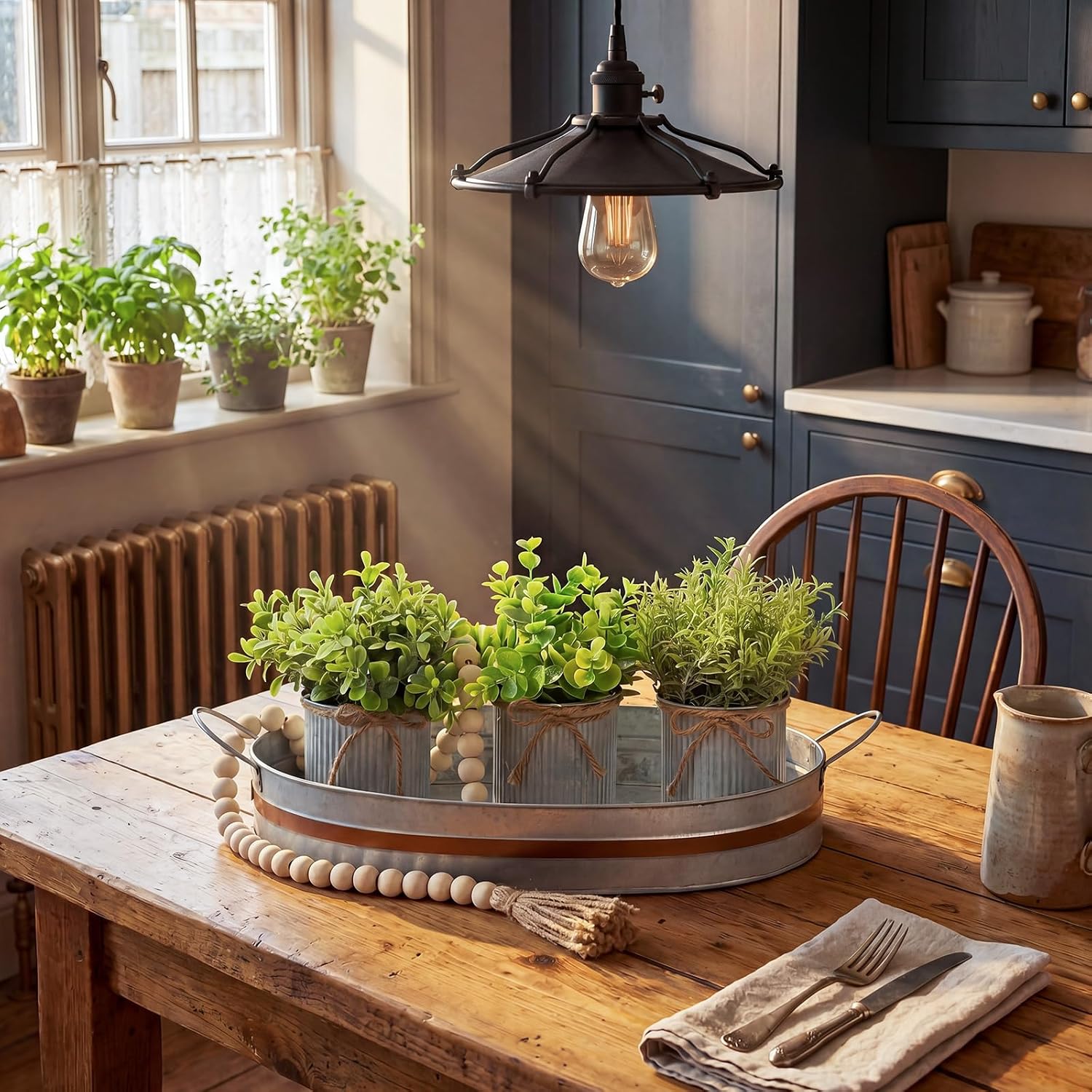 RattanView Farmhouse Kitchen Decor Include Galvanized Metal Serving Trays 3 Small Fake Plants 39.4 in Metal Farmhouse Beads Garland with Tassels for Living Room Kitchen Table Serving Tray Home Decor