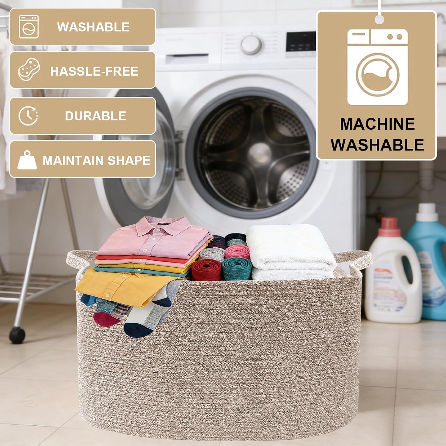 96L Large Blanket Basket,24"x16"x15"Rectangle Storage Bin with Handles,Woven Rope Laundry Basket for Toys, Clothes,Magazines,Home Organization,Nursery,Living Room & Bedroom,Brown