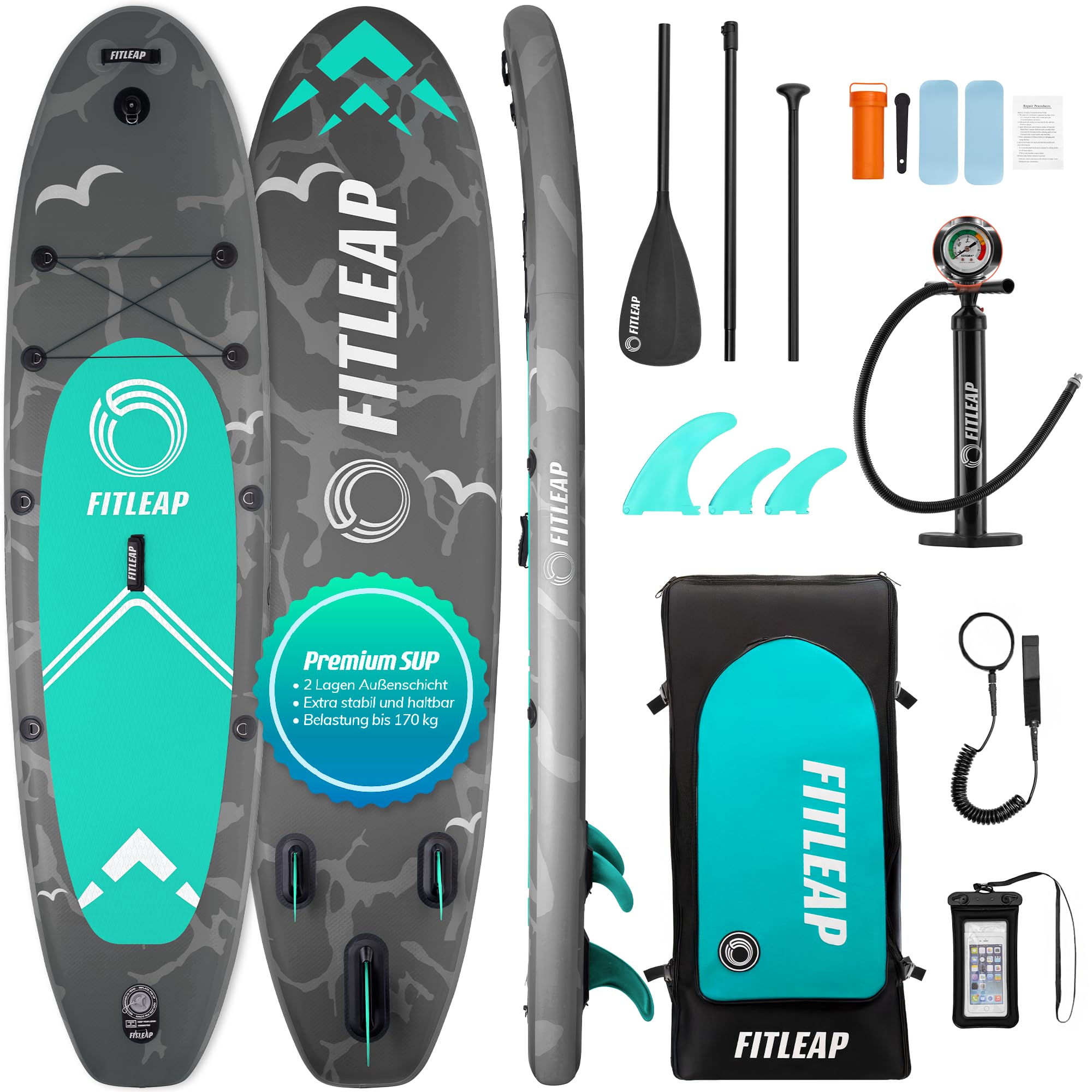Fitleap Premium Stand Up Paddle Board aufblasbar - Ideal für Anfänger und Profis - Perfekt für Wassersport