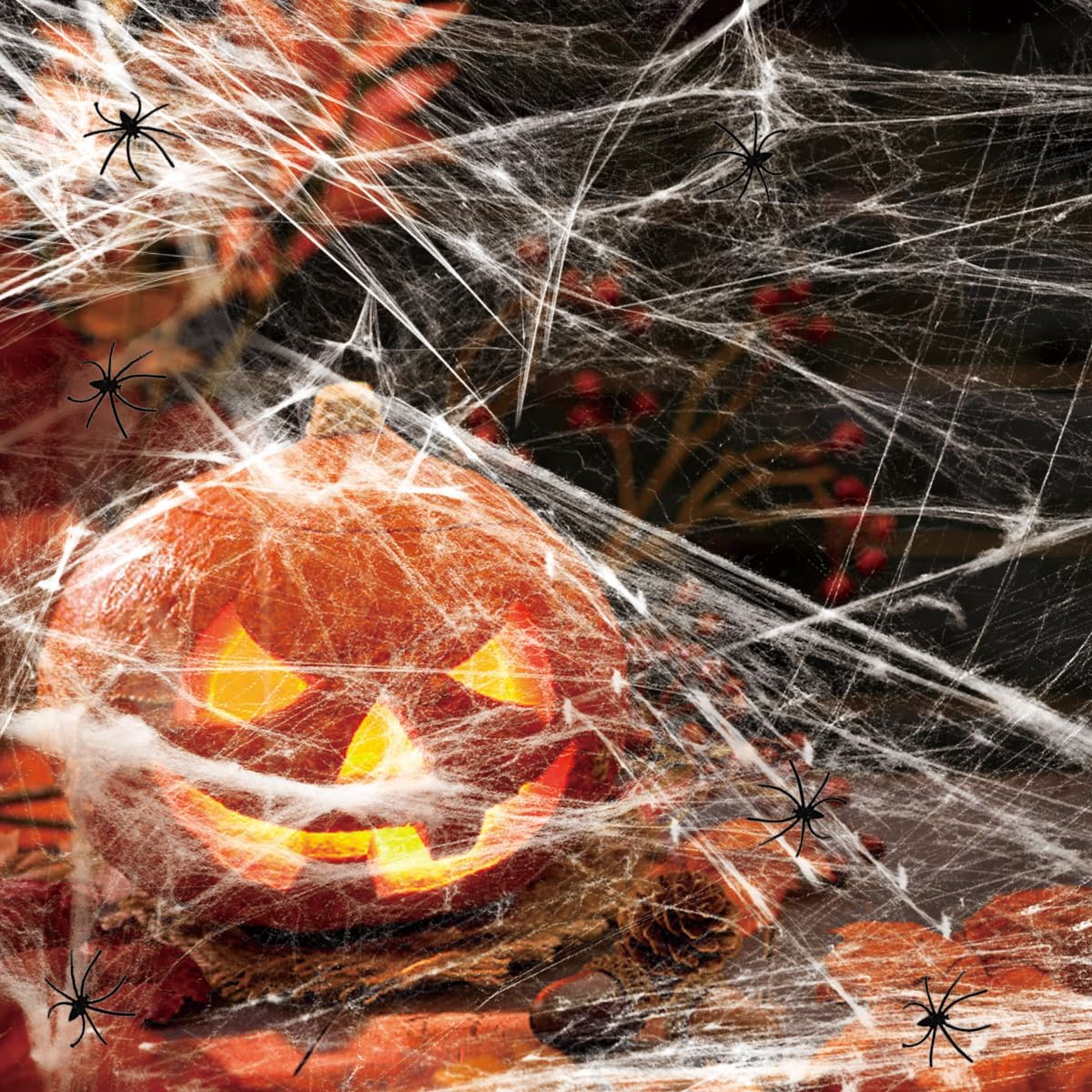LAMPHOME【Upgraded】 1000 sqft Spider Webs Halloween Decorations Bonus with 60 Fake Spiders, Super Stretch Cobwebs for Halloween Indoor and Outdoor Party Supplies