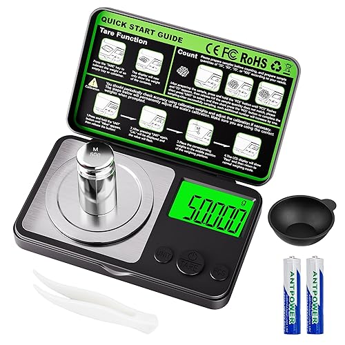 Wigearss Báscula digital de miligramo de 1.76 oz x 0.00 oz, mini báscula de precisión con función de peso de tara, peso de calibración y pantalla