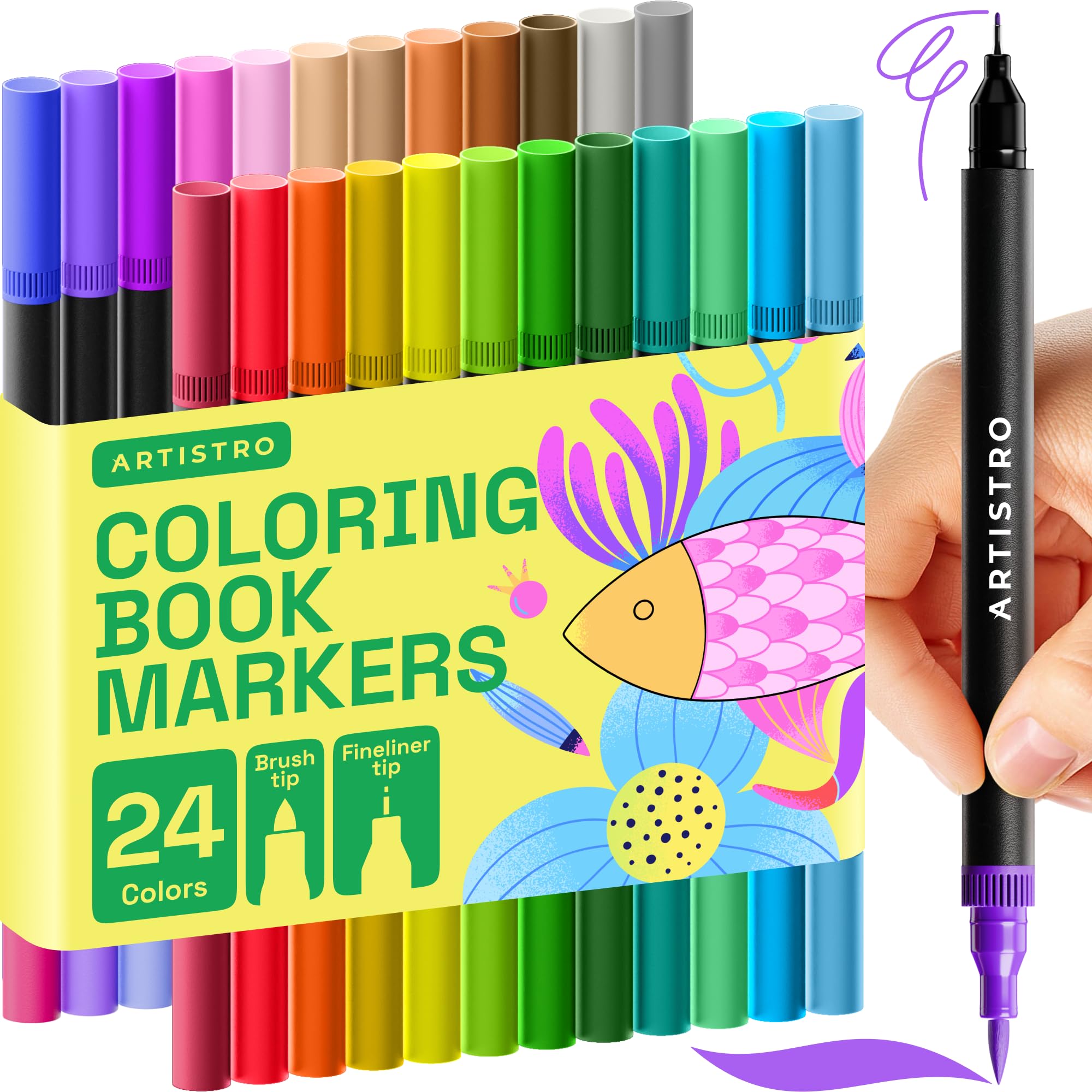 ARTISTRO Dual Tip Markers - 24 Coloring Markers - Brush Tip & 0.4mm Fineliner Pens - Adults, Bullet Journal, Coloring Books No Bleeding
