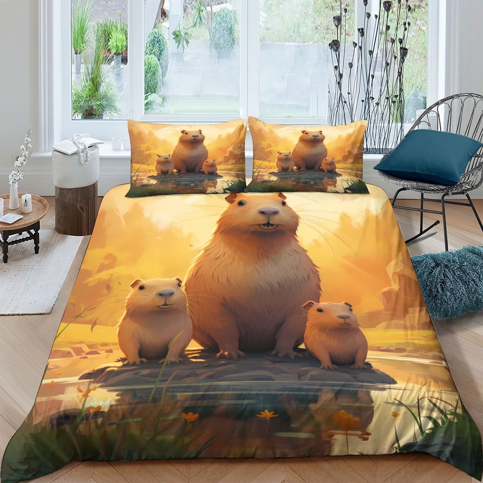Ctjqhvkz Style-6 3D Printed Capybara Family Fitted Sheet Microfiber Soft Animal Sunset Mattress Cover For Bedroom Dorm Decorative Use Single（135X200cm）