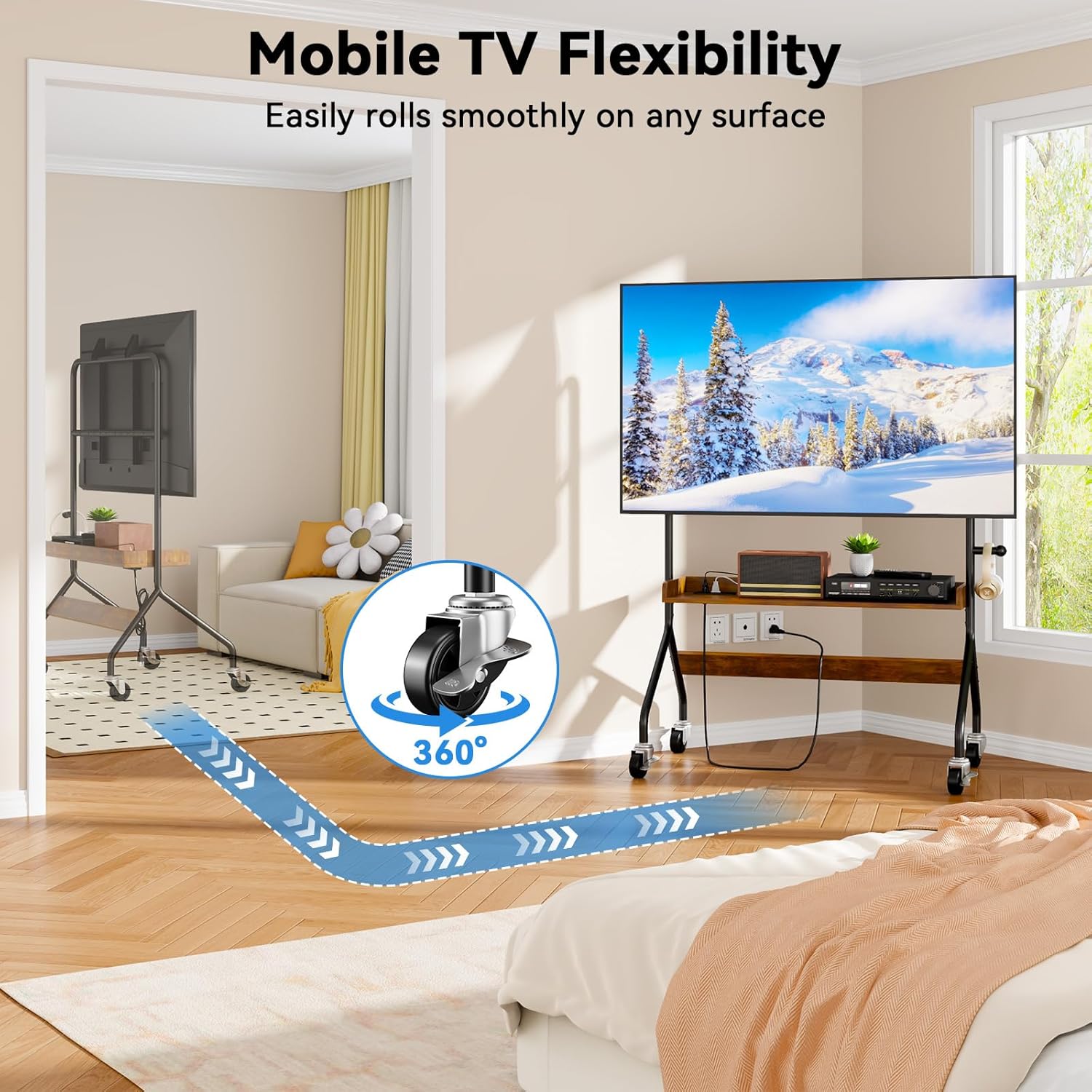 Rolling TV Stand with Power Outlet, Mobile TV Cart for 32-75 Inch TV Screen up to 110 Lbs, Easel Portable TV Stand on Wheels with Shelf for Bedroom, Corner, Living Room - V1