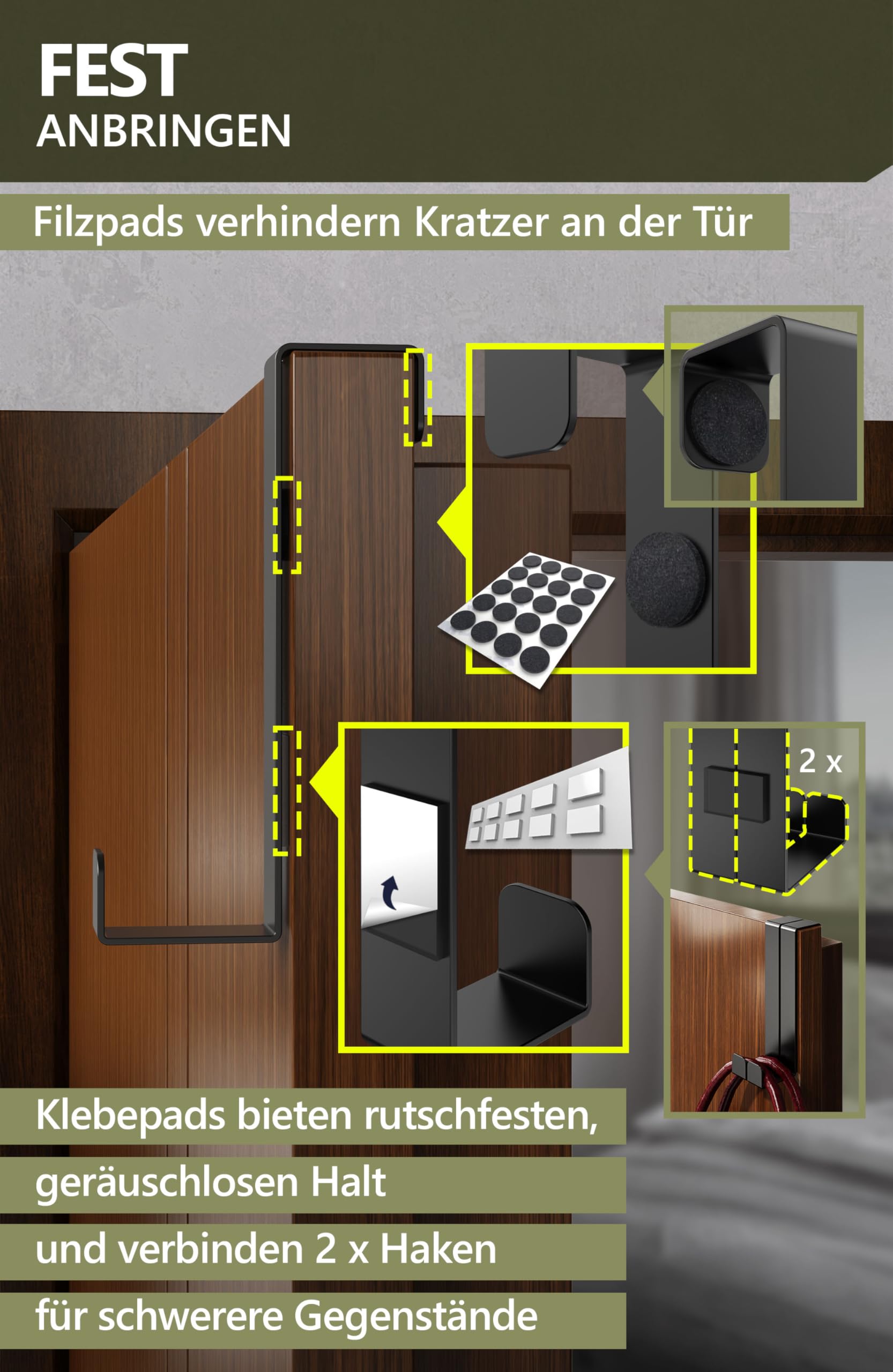 4smile - Set Di 4 Ganci Per Porte In Acciaio Inox - Appendiabiti Universali, Porta Oggetti Fino A 8kg