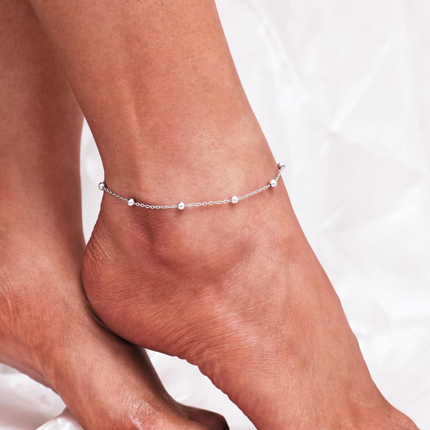 CHIC & ARTSY 925 Sterling Silver Ankle Bracelets for Women, Adjustable Double Layer Chain Anklets, Minimalist Lightweight Foot Jewelry for Beach & Everyday Wear