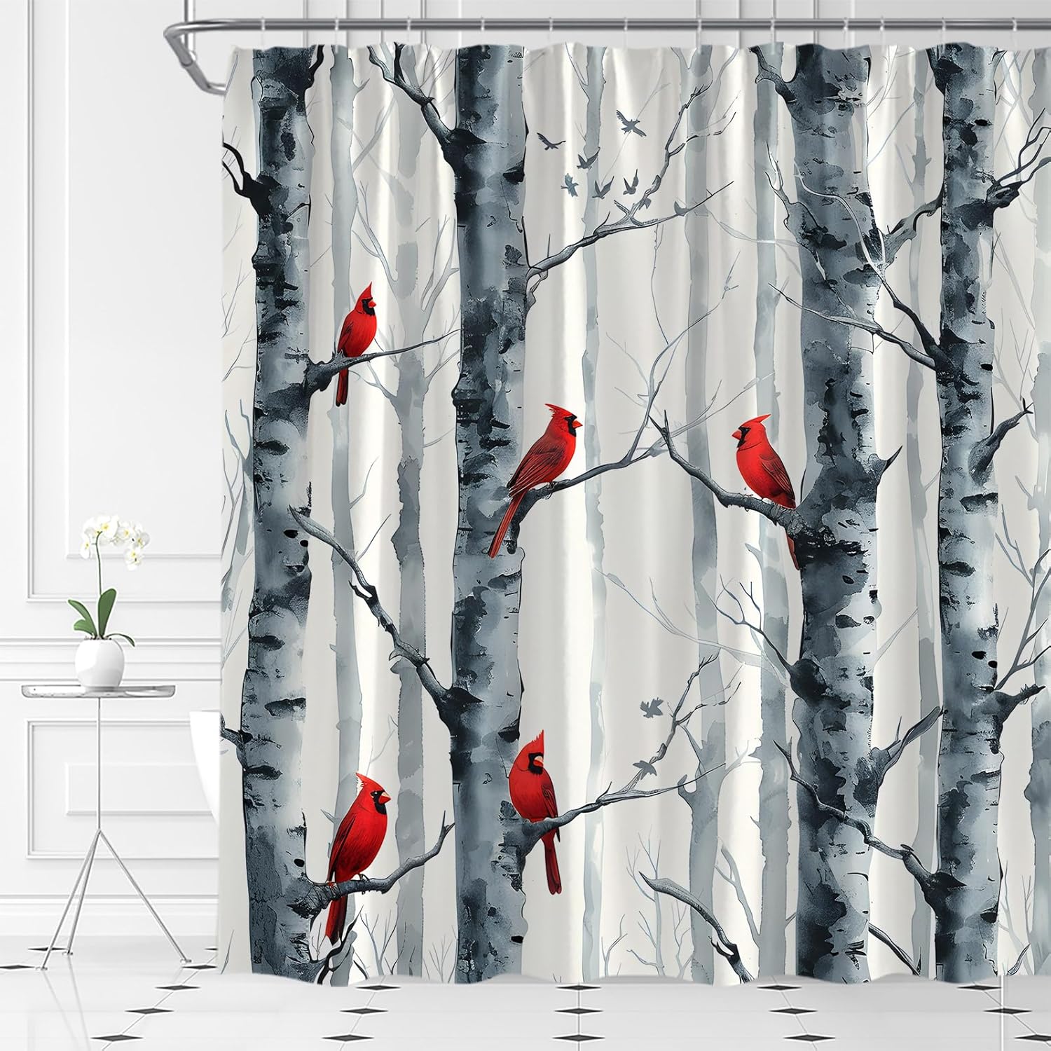 Birch Tree Forest Shower Curtain Winter Forest Red Birds Watercolor Grey Abstract Seasonal Nature Scenery Bathroom Curtain Fabric with Hooks(70" Wx84 H)
