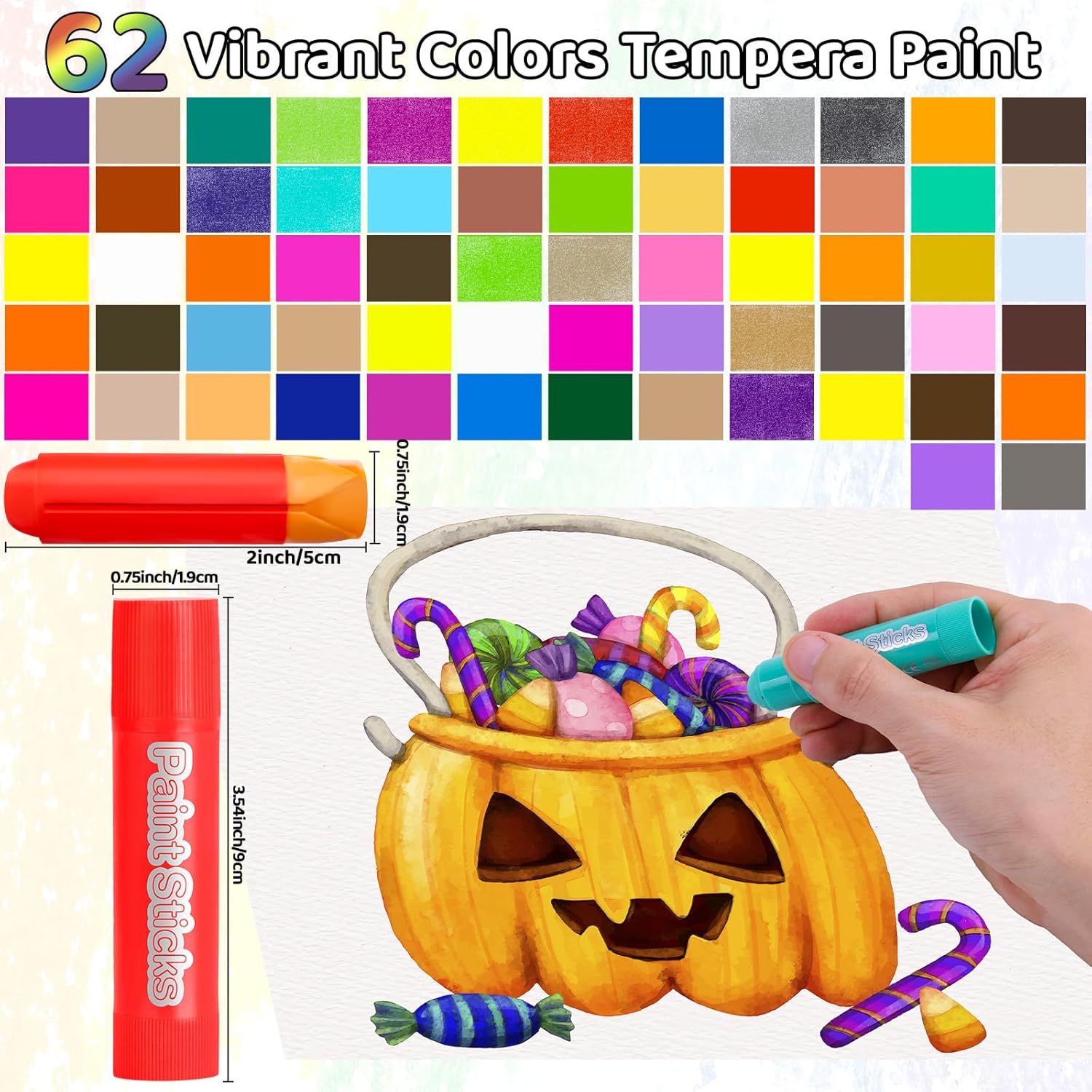 62 Colors Solid Tempera Paint Sticks, Washable Paint Sticks Bulk, Quick Drying, Non-Toxic, Rainbow Colors Tempera Stick Kids Toddler, No Mess Art Supplies for Paper Wood Glass Ceramic Canvas