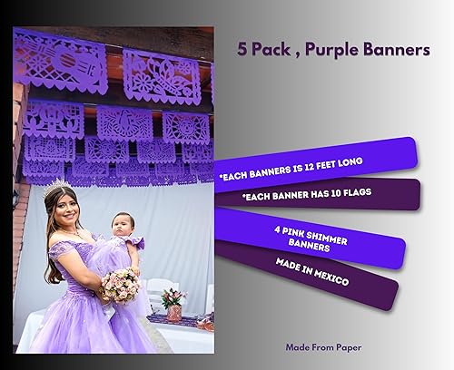 Miniatura 2 de Banderas de papel picado morado, paquete de 5 unidades, guirnaldas de papel de seda púrpura de 60 pies de largo, decoraciones mexicanas para bodas,