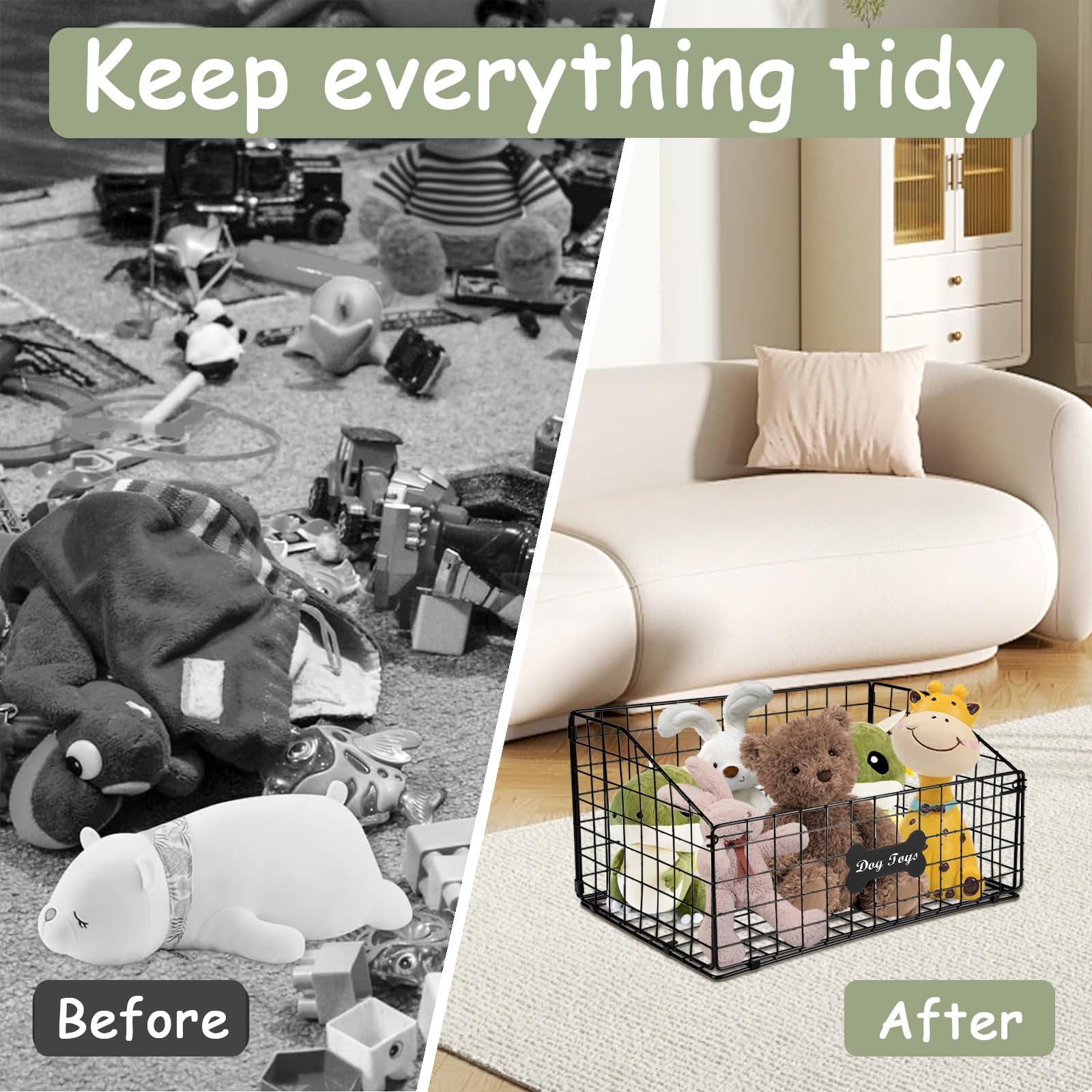 Geyecete Large Dog Toy Organizer - Wire Folding Basket - Chew-Proof - Cat & Puppy Toy Bin - Black - Image 3