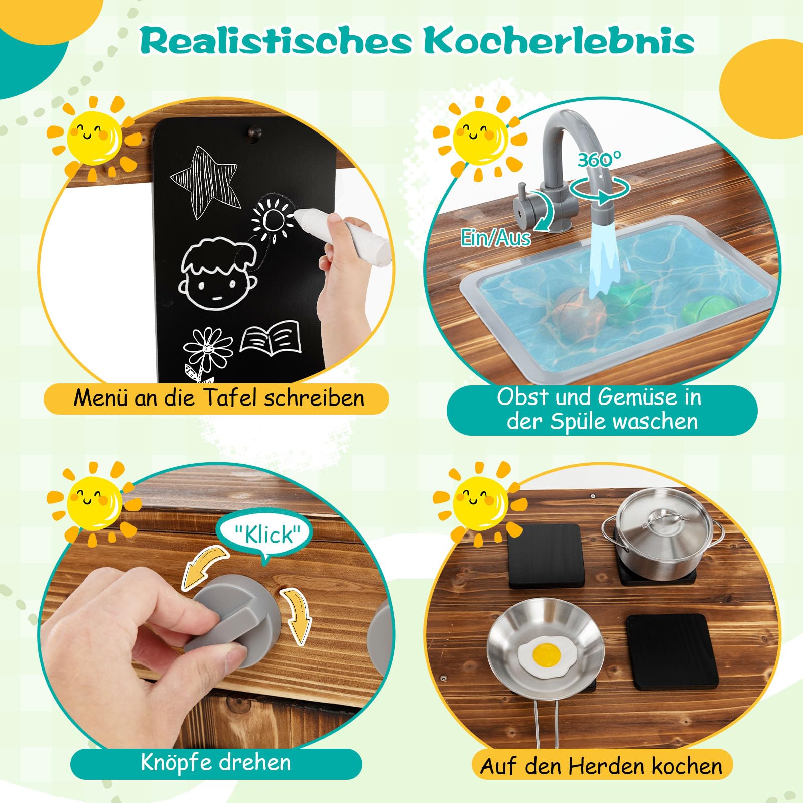 GOPLUS Matschküche Kinder Outdoor, Spielküche mit Vordach, Tafel, 4 Herdplatten, abnehmbarem Waschbecken & Küchenzubehör, Kinderküche Rollenspielküche mit Stauraum für Kinder ab 3 Jahren, Natur