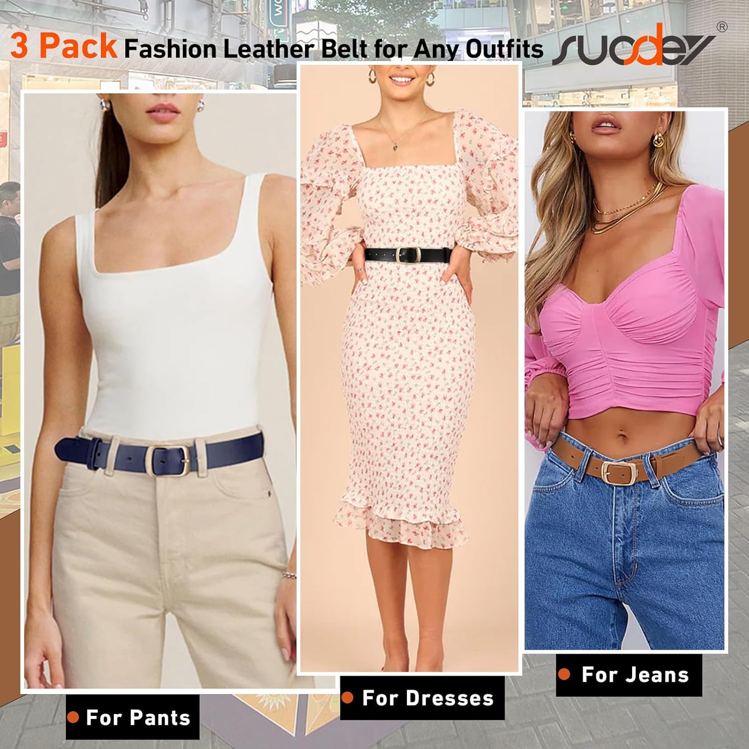 SUOSDEY 3 Pack FashionWomen Belts for Jeans Dresses Pants Ladies Leather Waist Belt with Elegant Buckle, Width 1.3" - Image 4