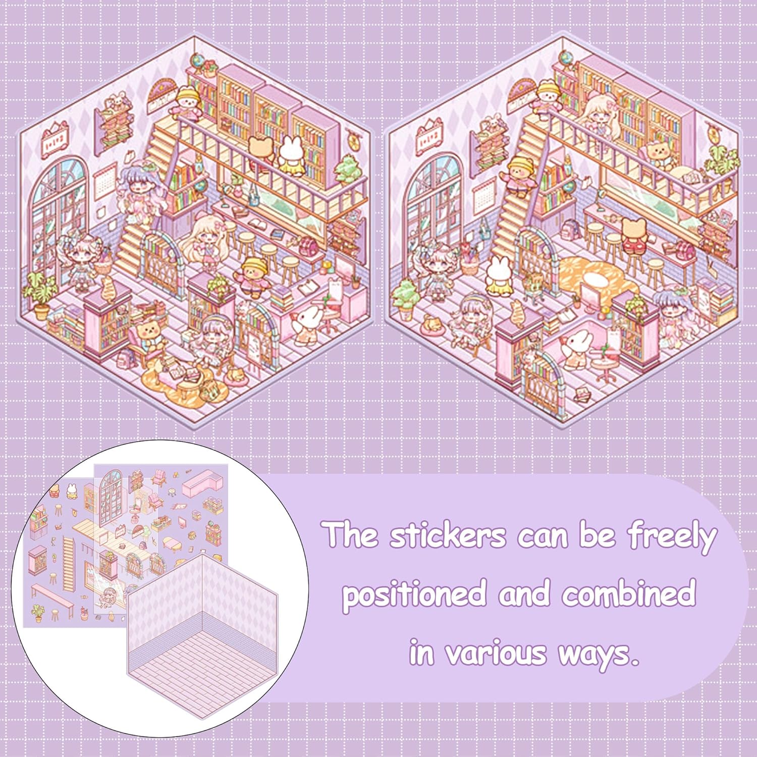 6 Set 3D Miniature Scene Stickers, LCDGTJ Cute DIY Reusable Cartoon Room House kit (Supermarket, Cafe, Library & Bathroom) with Tweezer, Ideal for Adult Kids Gift, Relief Stressm, Arts, Crafts, Fun