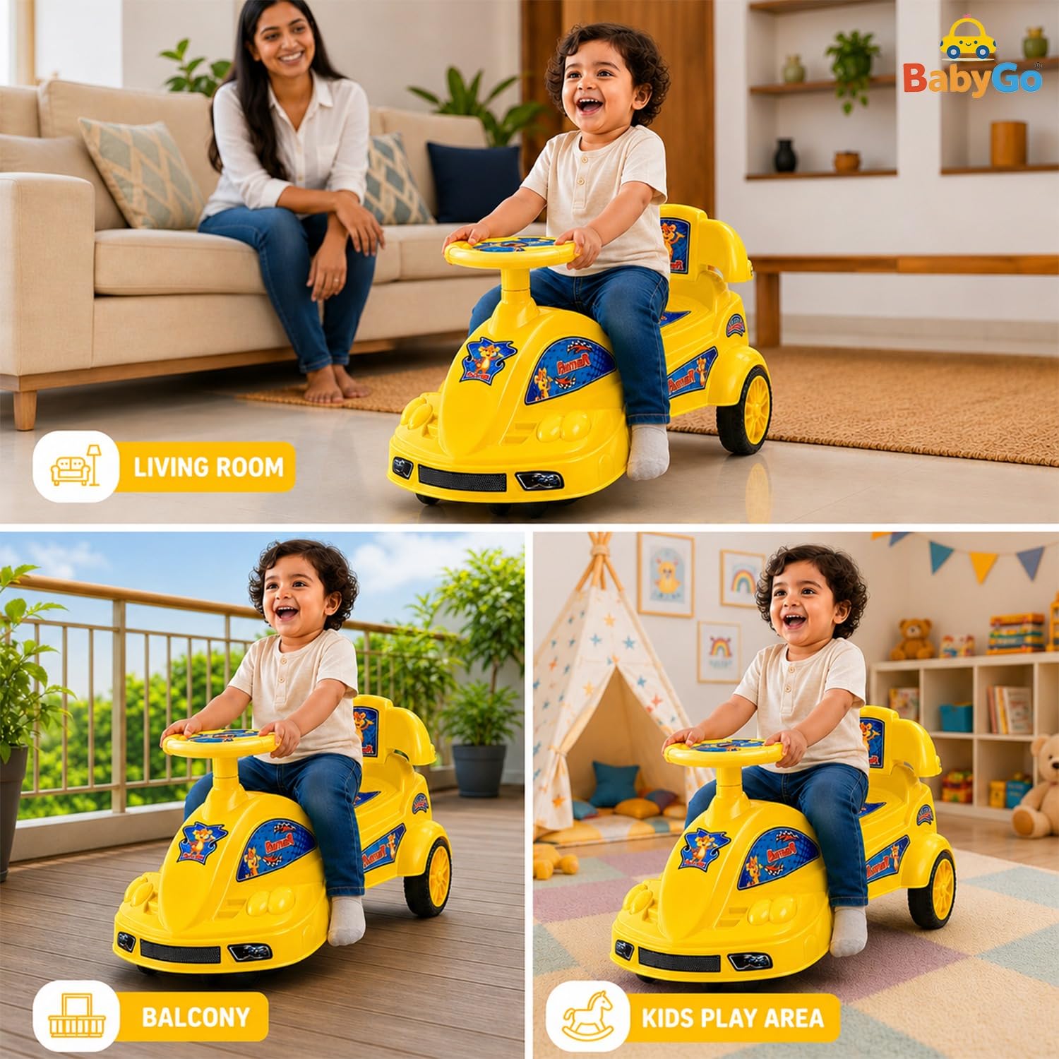 BabyGo Baby Panther Swing Magic Car Ride On Toy for Kids with Comfortable Seat & Durable Wheels | Push Ride On Twister Swing Car | Indoor Outdoor Fun Ride On Car for Boys & Girls Age 2+ (Yellow) 4