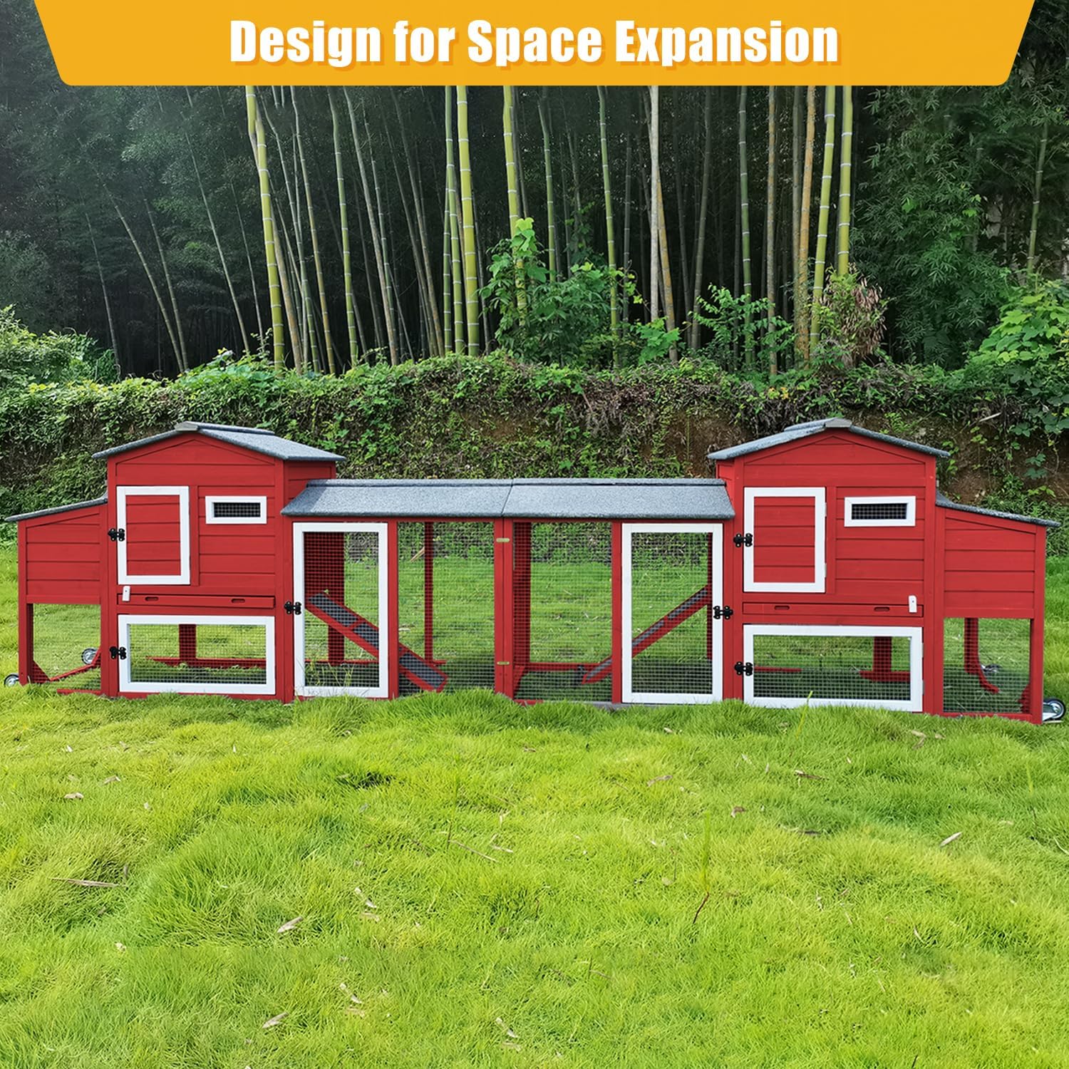 Ketive Wooden Chicken Coop with Run and Nesting Box, Outdoor Asphalt Waterproof Hen House with Removable Tray, Secure Chicken Rabbit Hutch for Backyard Garden (RED)