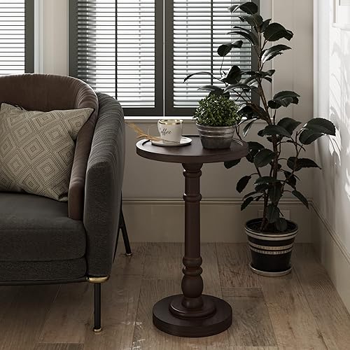 Miniatura 8 de LONYKE Mesa auxiliar redonda de pedestal para beber, bandeja de granja, mesa auxiliar de madera Samll para sala de estar, acabado envejecido, color