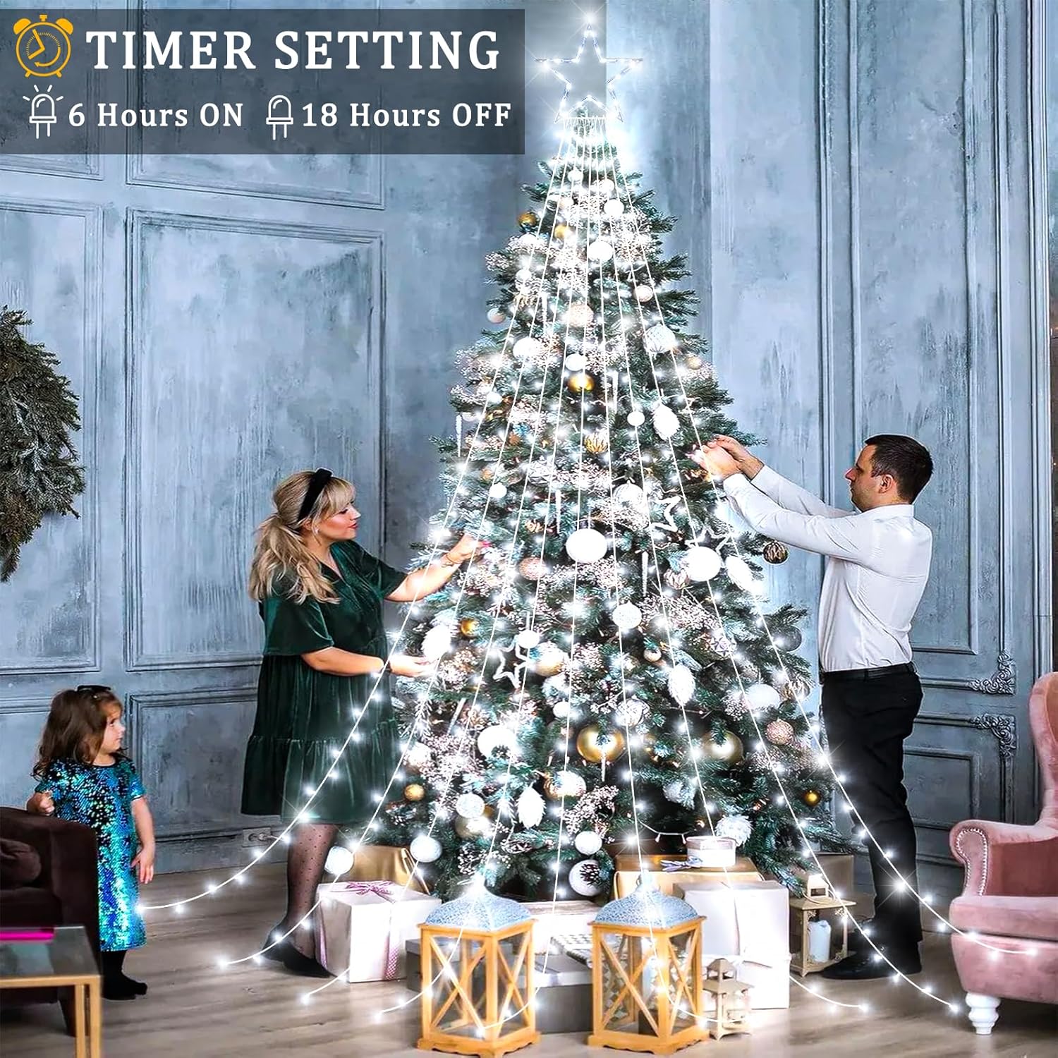 12FT 344 LED Christmas Tree Lights, Plug in Waterfall String Lights with Topper Star, Waterproof 8 Modes Outdoor Christmas Decorations for Indoor Patio Roof Yard Lawn Party, White