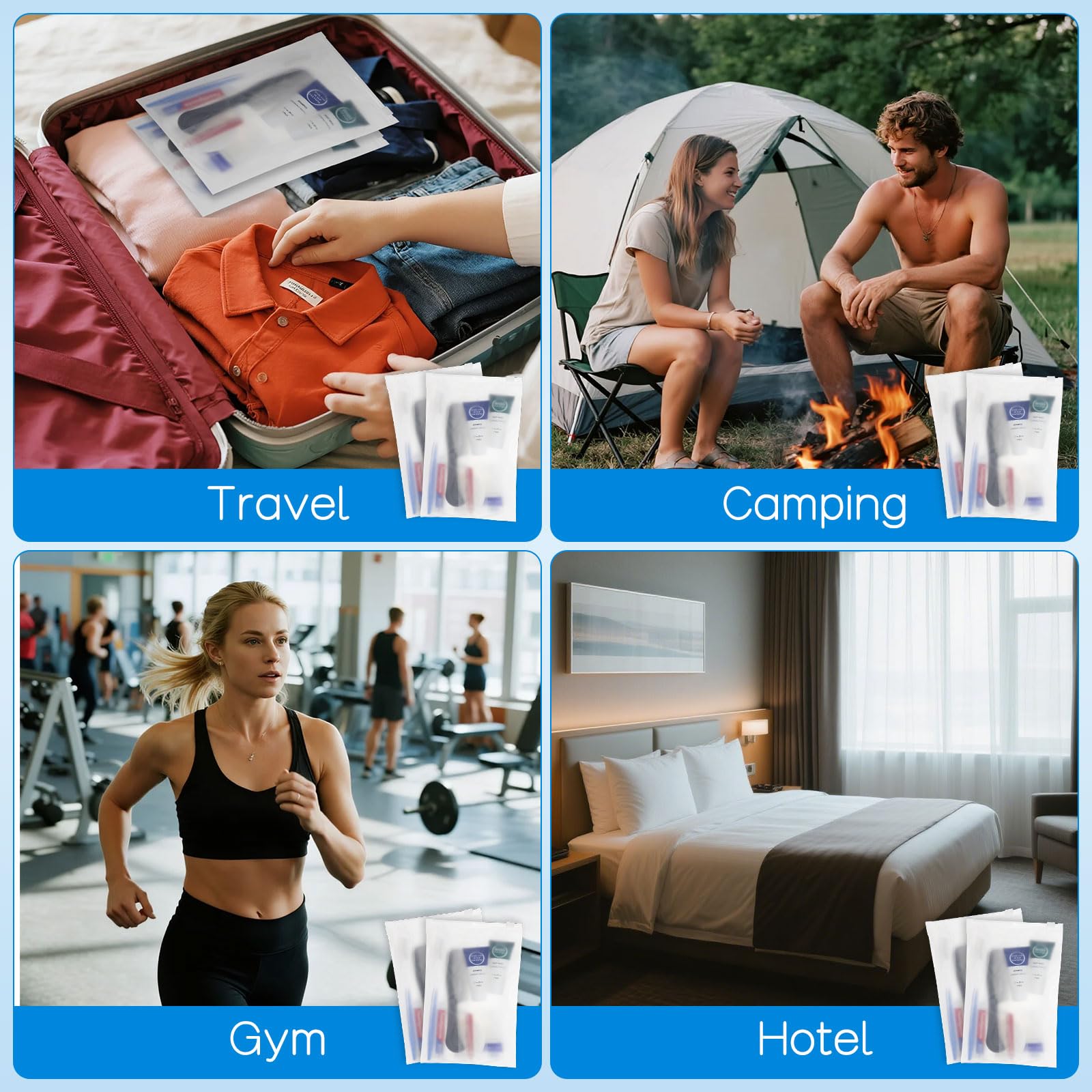 Kit di articoli da toeletta essenziali da viaggio per l'igiene usa e getta alla rinfusa, articoli da toeletta confezionati singolarmente, articoli per la cura della persona da viaggio, per campeggio