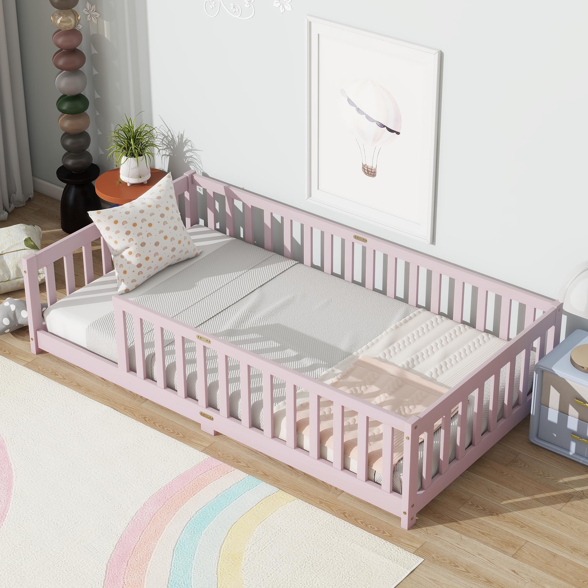 Bellemave Twin Size Floor Bed for Kids, Twin Floor Bed with High Fence, Wooden Montessori Floor Beds, Pink with Rails
