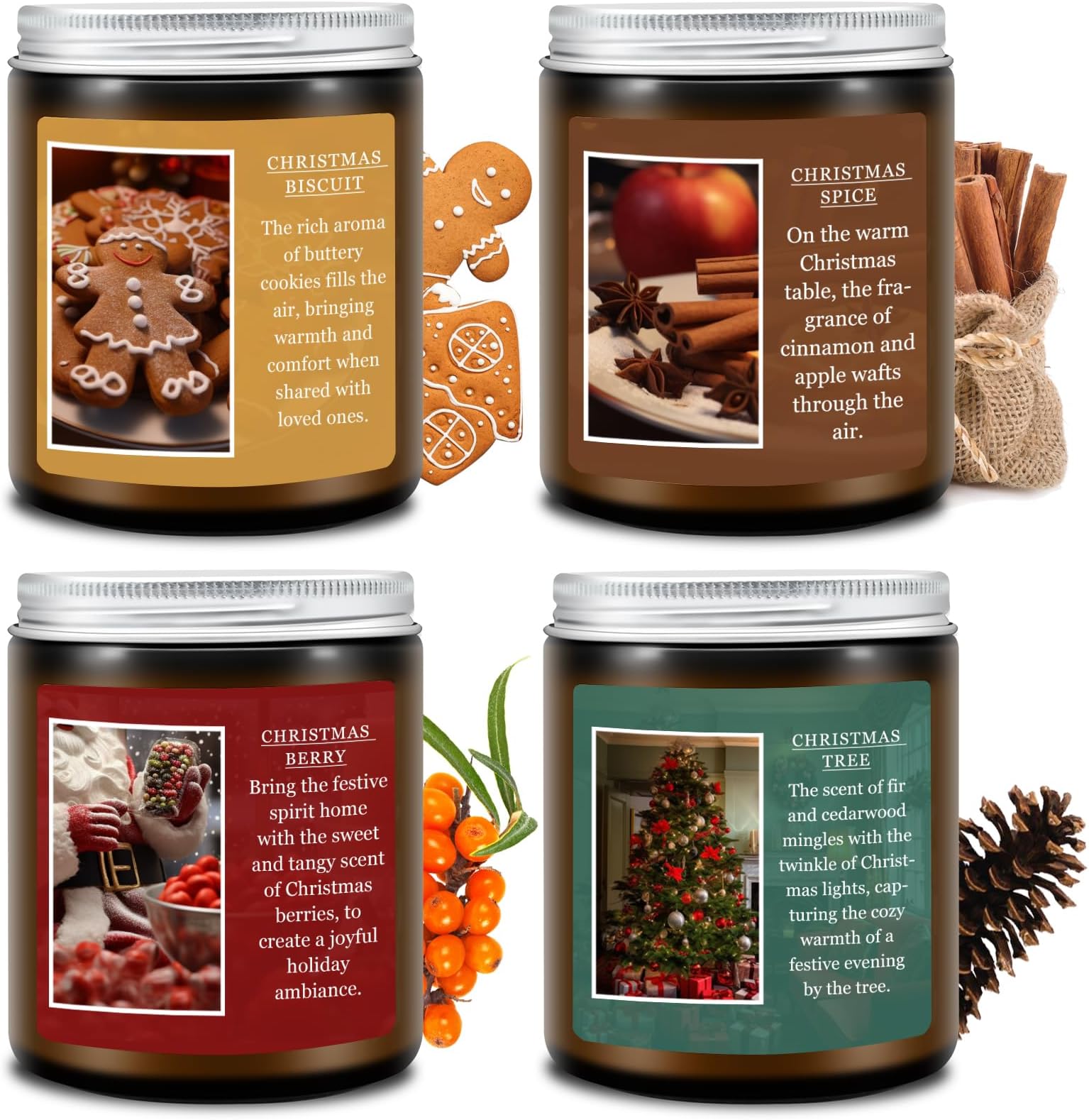 Homsolver Set of 4 Christmas Scented Candles, Christmas Candles Gifts for Women Men, Christmas Tree/Christmas Biscuit/Christmas Berry/Christmas Spice Scented Soy Candles for Christmas