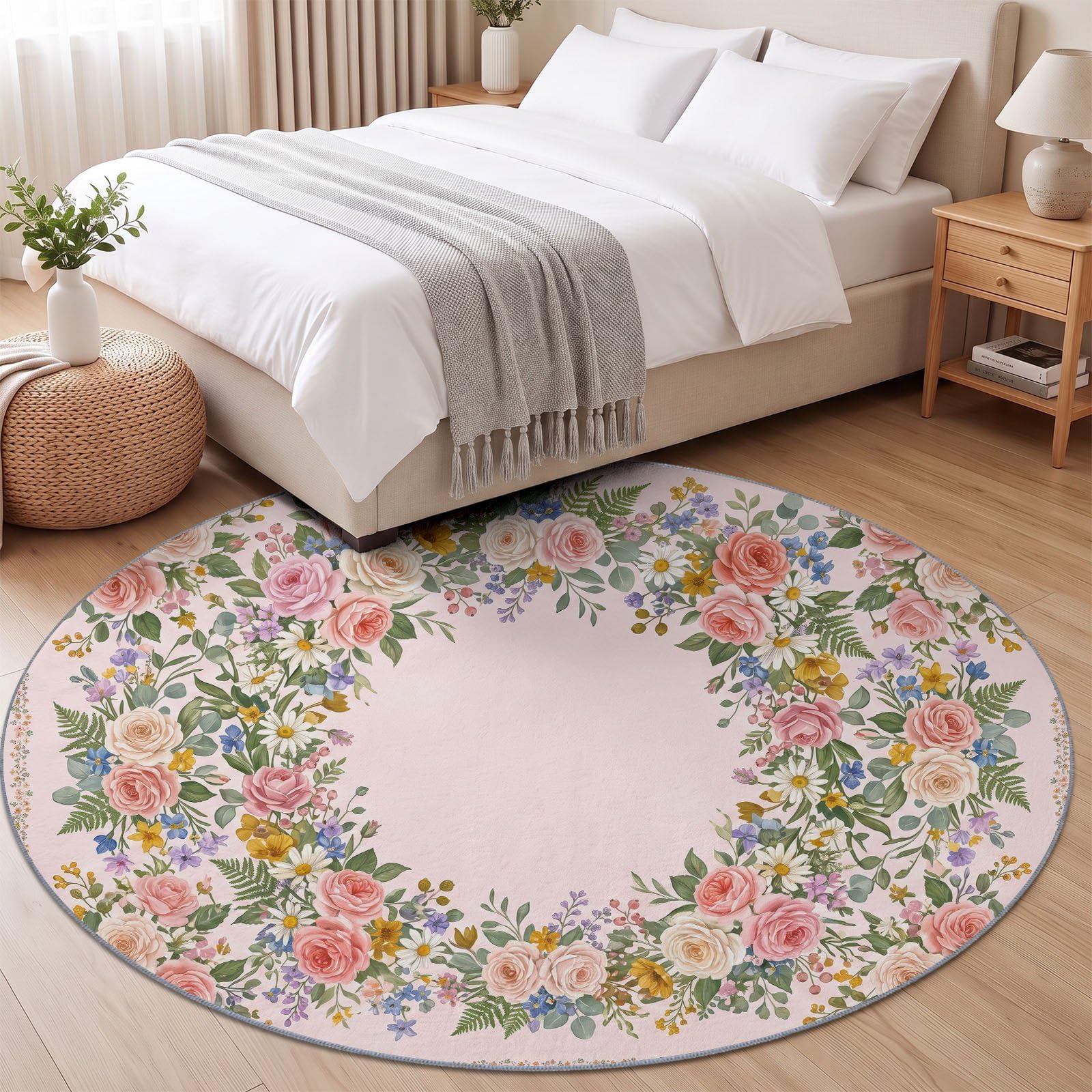 Tapis Rond Pastorale Campagne Francaise 160 cm, Roses Marguerites Fougères Couronne Lavable en Machine pour Salon, Rose Vert Antidérapant, Poil Court Tapis Rond Imprimé pour Chambre d’Enfant Nurserie