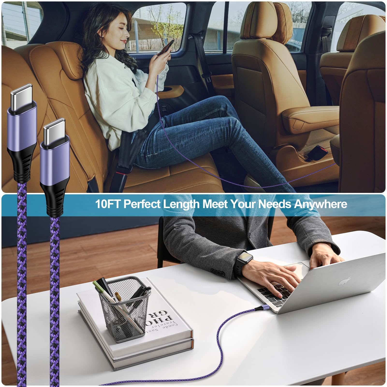 Cavo intrecciato da USB C a USB C, 60 W, lungo 3 m, ricarica rapida da tipo C a tipo C, cavo di ricarica per iPhone 16e/16 Pro Max/15/15 Pro/15 Plus/Samsung Gaxlaxy S25 Edge/S24/S23/S22/S20/A16/A56
