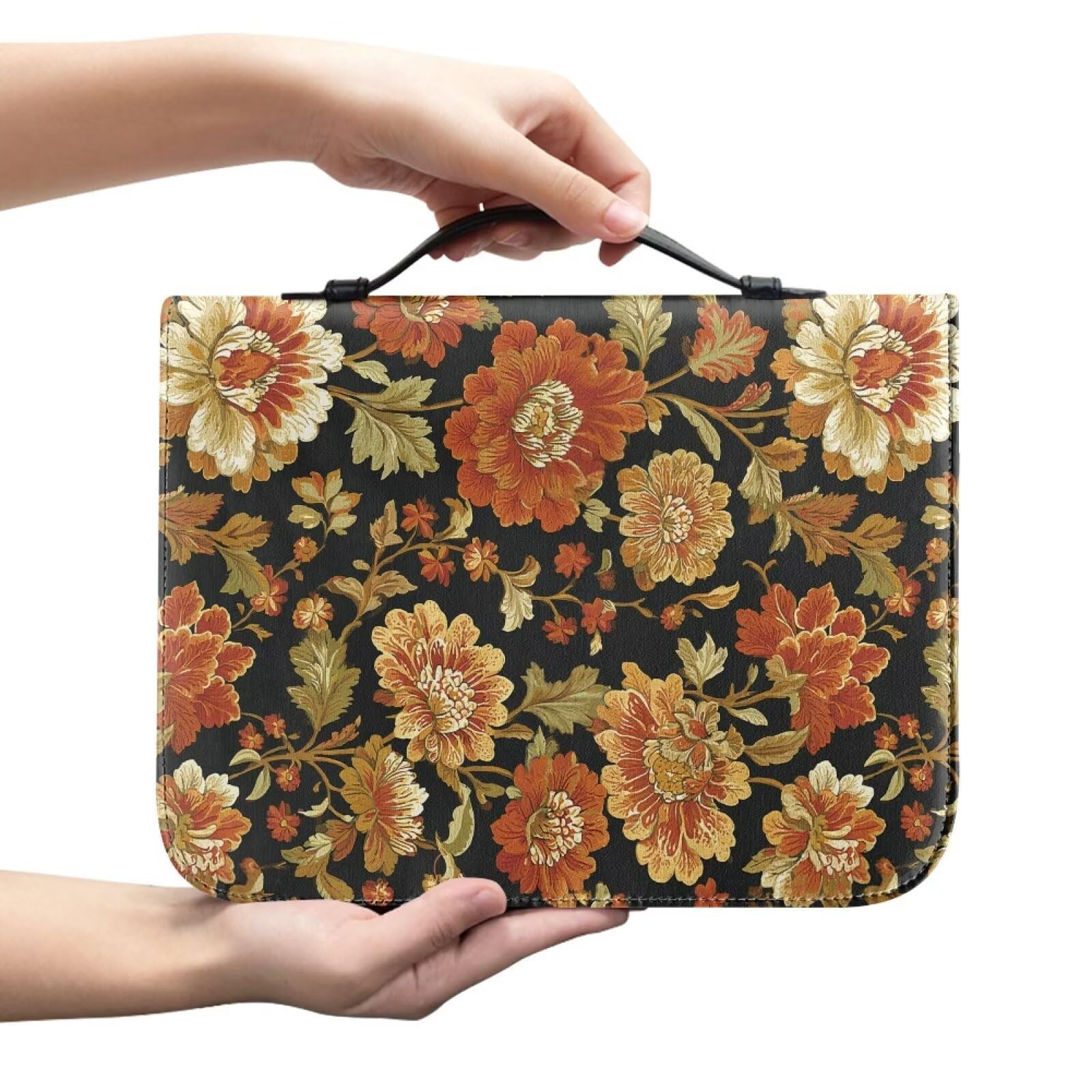 Kuiaobaty Vintage Floral Art Book Cover Carrying Church Protective Bag, Orange Flowers Painting Handle Carrying Books Organizer Bag, Bookish Gift,2XL — image 1