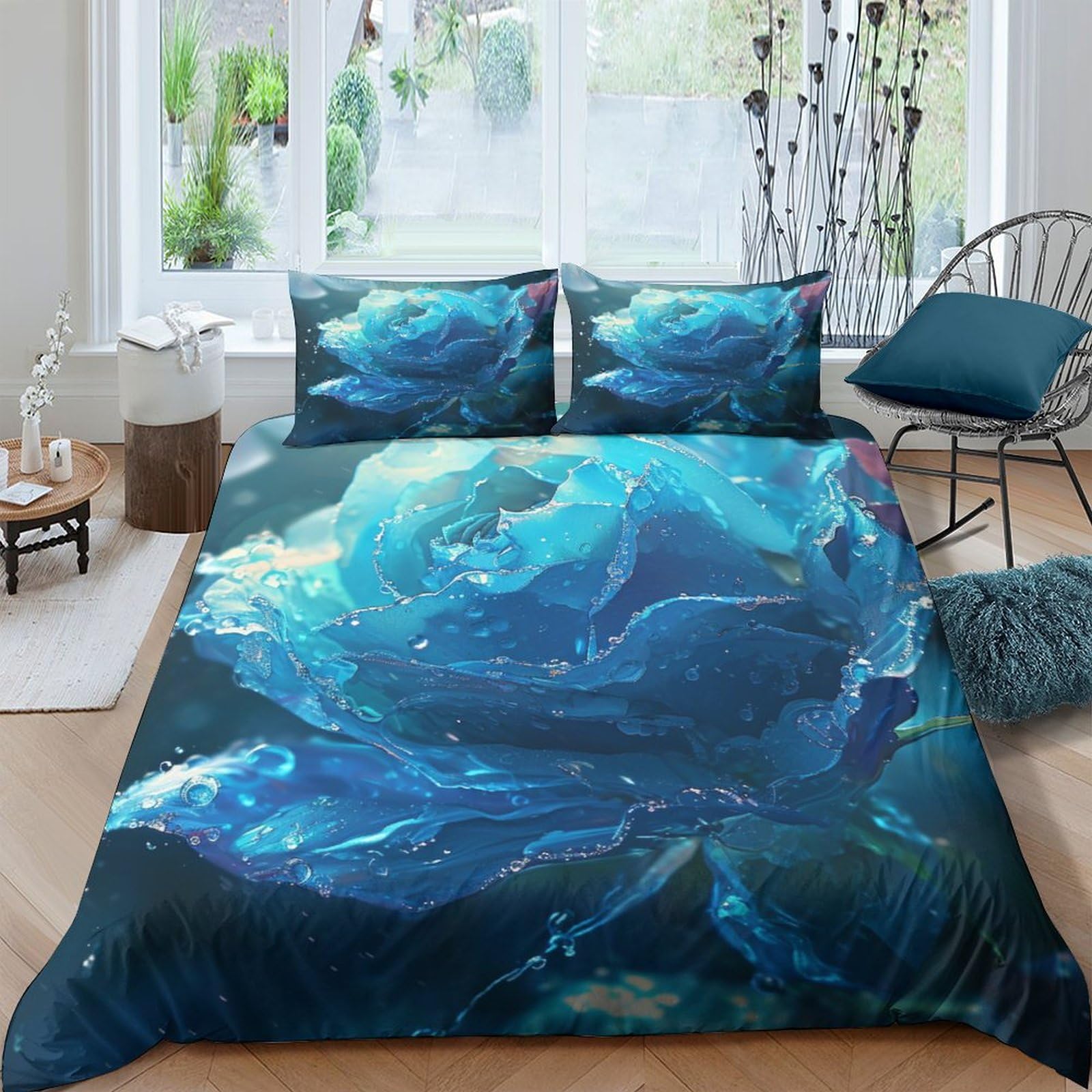 Housses de couette 3D bleues avec taie d'oreiller linge de lit microffe lavable double