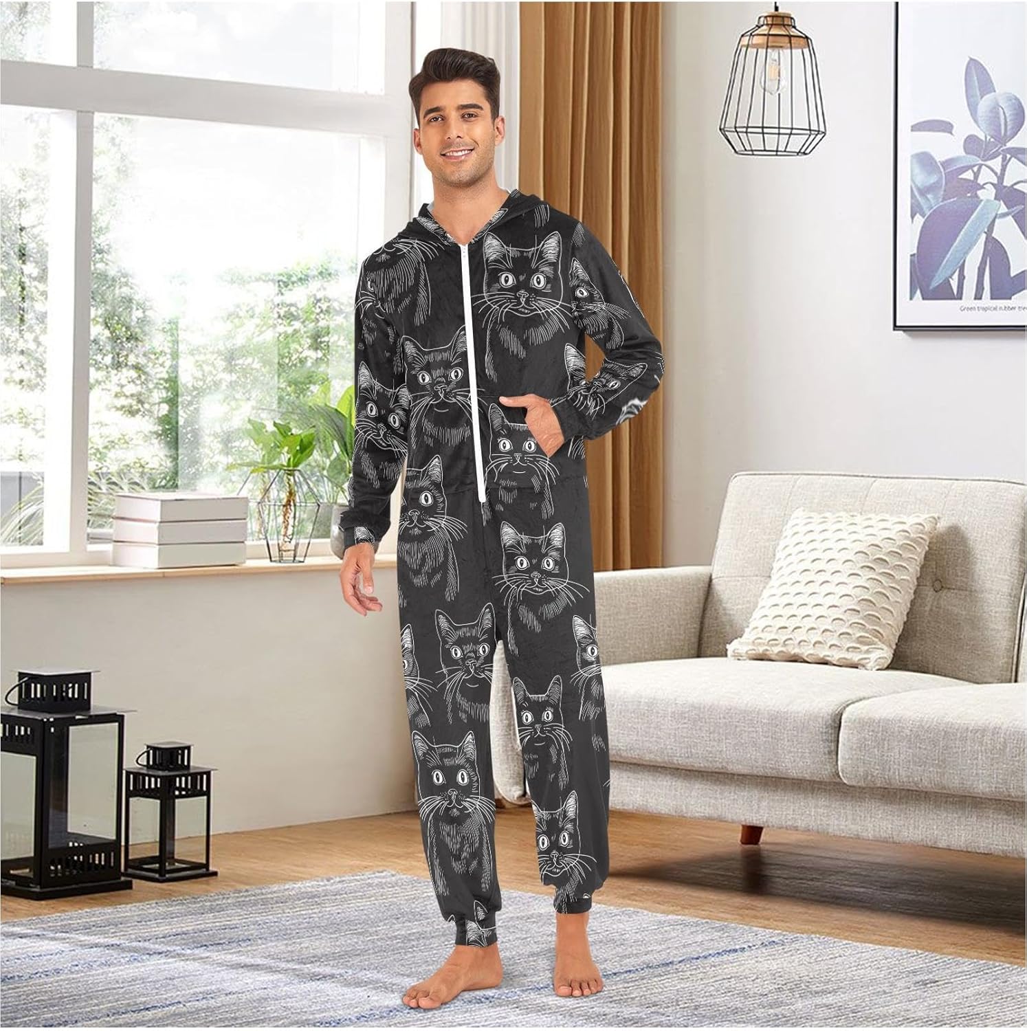 ZZKKO Abstract Line Black Cat Adult Onesie Pajamas for Women Men Cozy One Piece Pajamas Costume Zip-Up Hooded S-XL