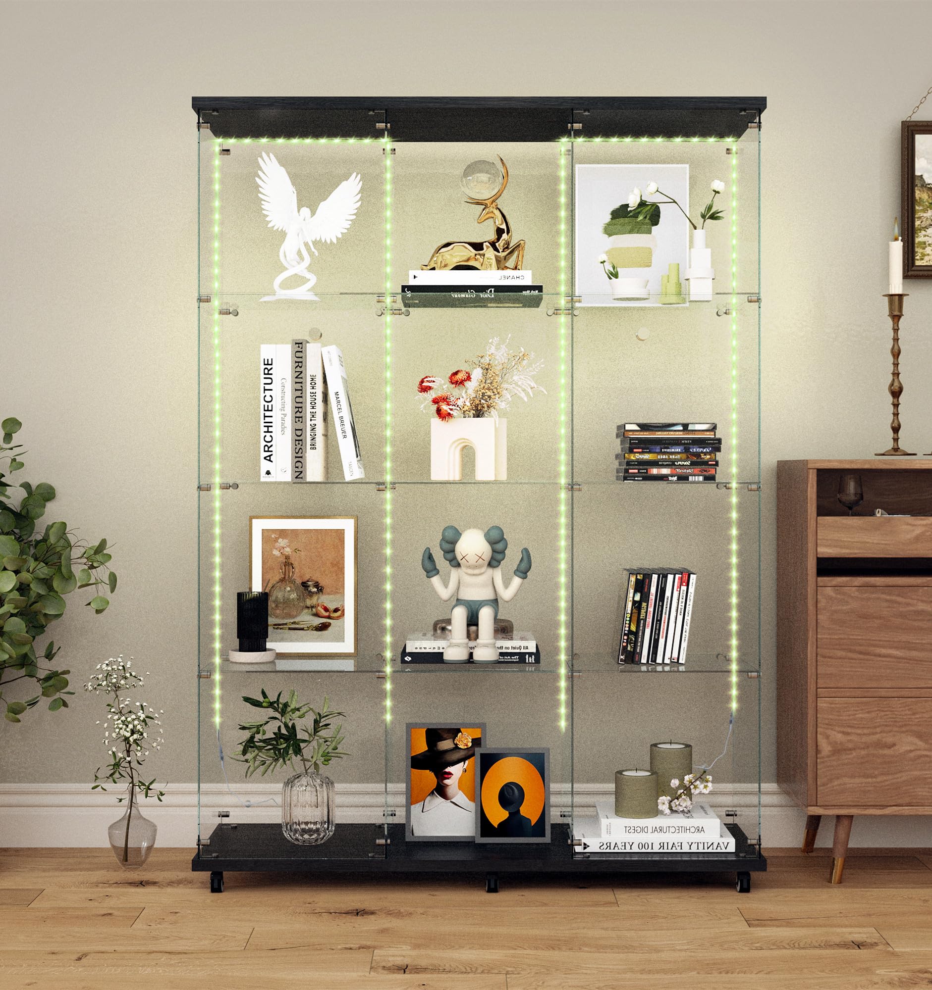Modern Glass Display Cabinet 12-Shelf with LED Light,Lock and Wheels, 2 Door Curio Cabinets,Tempered Glass Collection Display Showcase for Living Room Home Office,46.8x13.5x65 H,Black