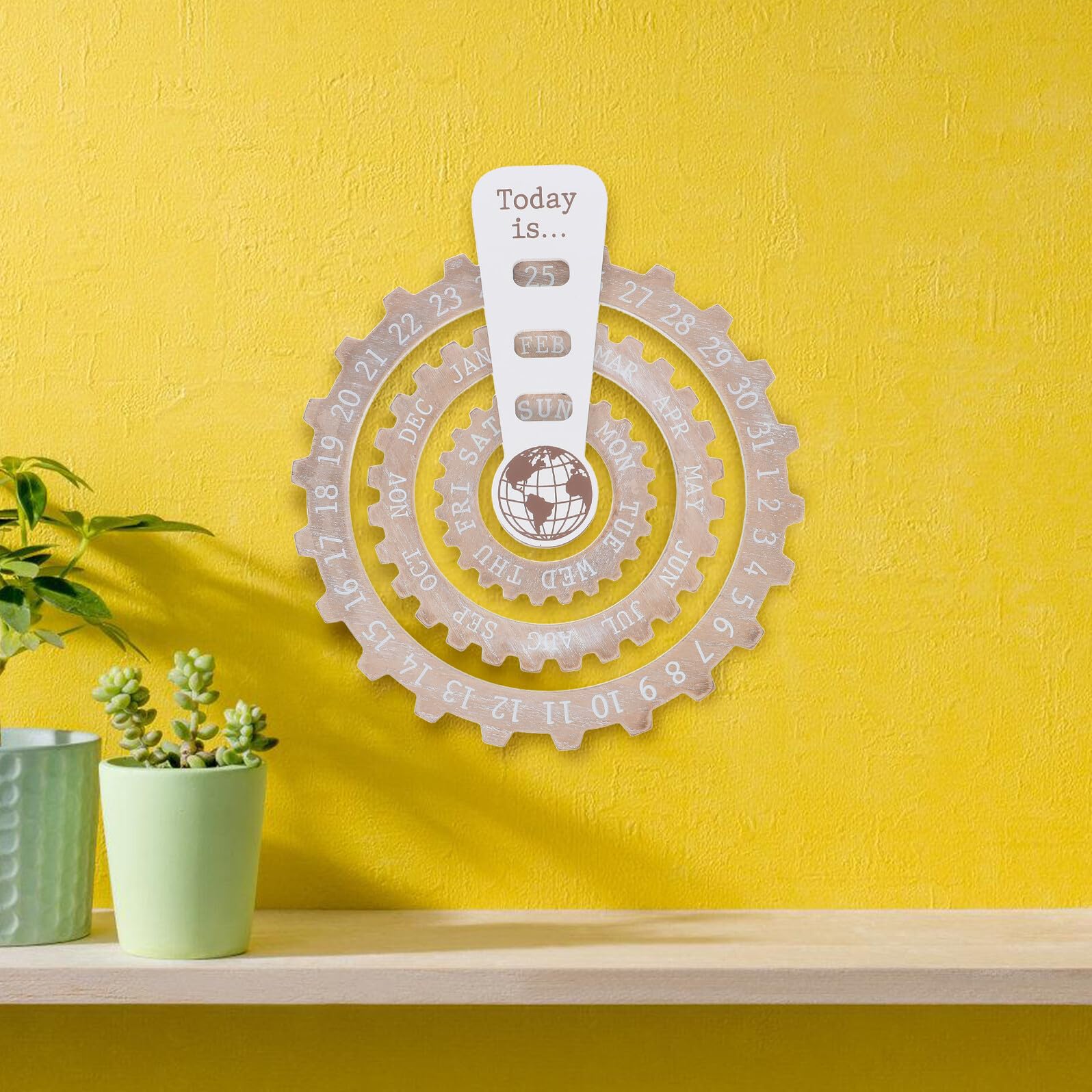 Calendario Perpetuo in Legno Rotazione Manuale Design Rotondo da Appendere Visualizzazione Data Circolare Stile Vintage per Casa e Ufficio