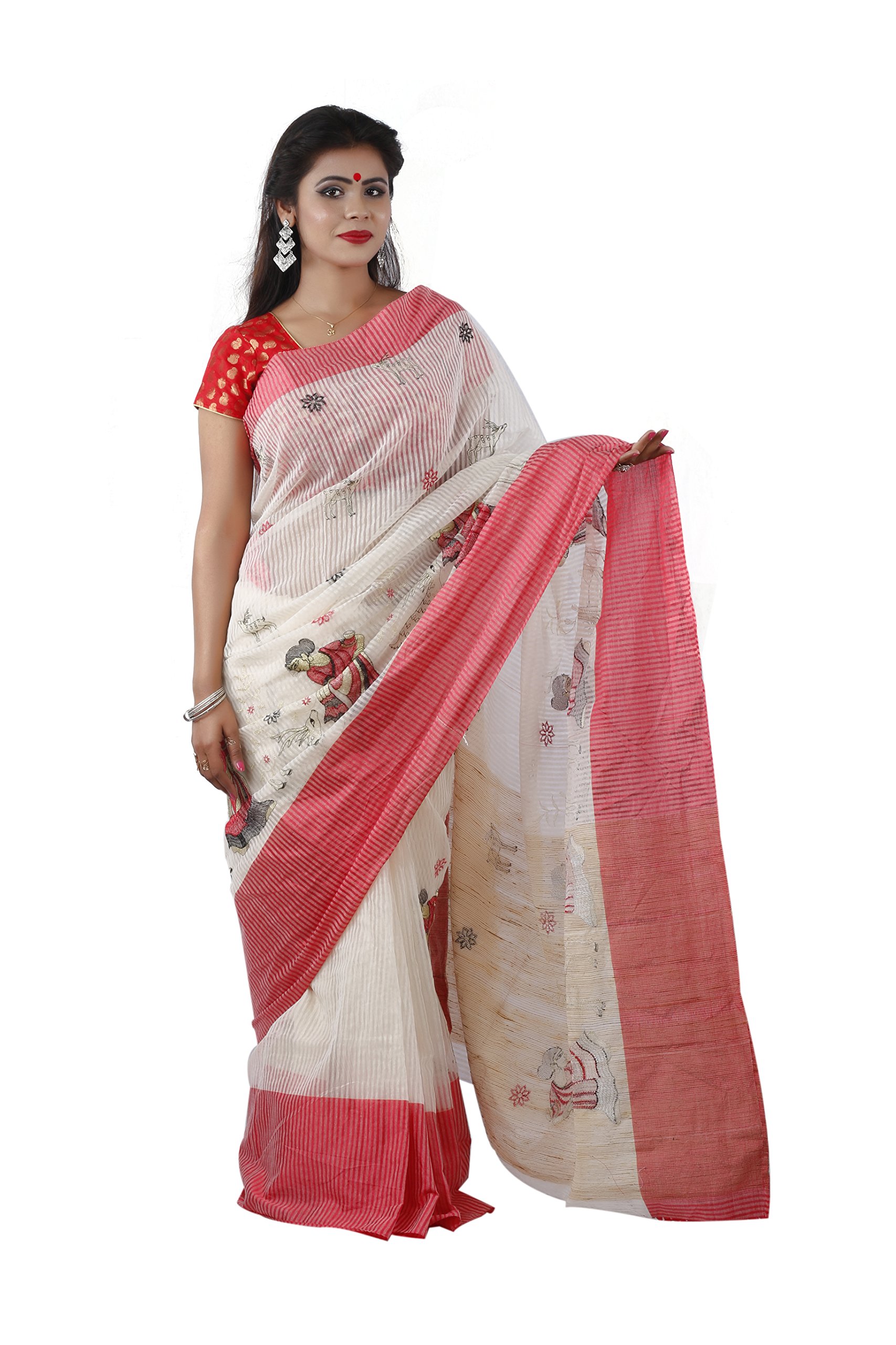 DIPALI ENTERPRISE Cotton Made Self Designed Saree For Women's-Off White And Red-RB-WS-074-31.2