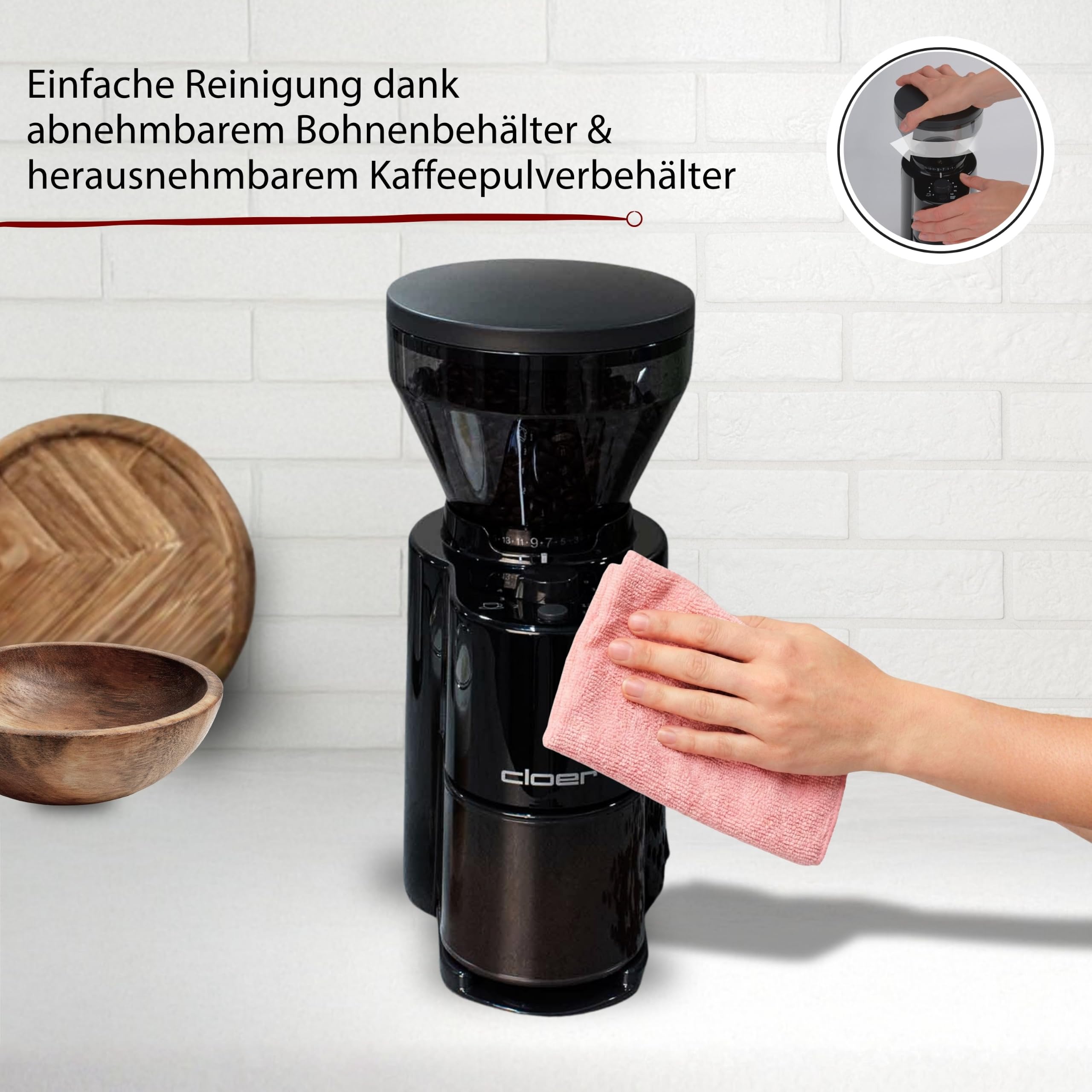 Cloer 7520 Elektrische Kaffeemühle mit Kegelmahlwerk aus Edelstahl, 2-12 Tassen, 300 g Kaffeebohnen, verstellbarer Mahlgrad, schwarz, 150W