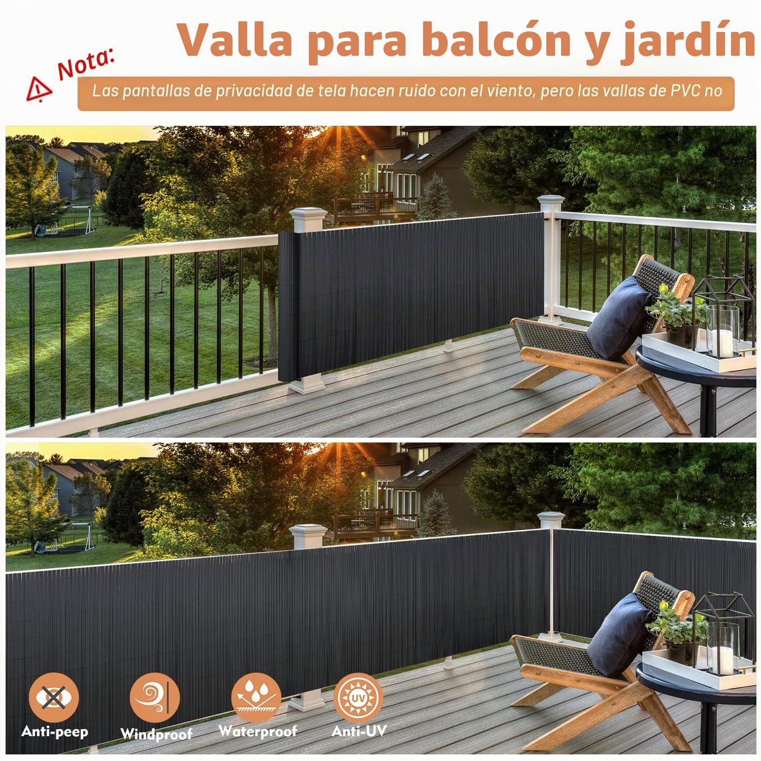 Sekey Cañizo PVC, Malla Ocultación con Bridas para Cables, Pantalla Privacidad Balcón Jardín, Doble Listones Reforzados, Resistente a la Intemperie, 90 x 300 cm, Antracita