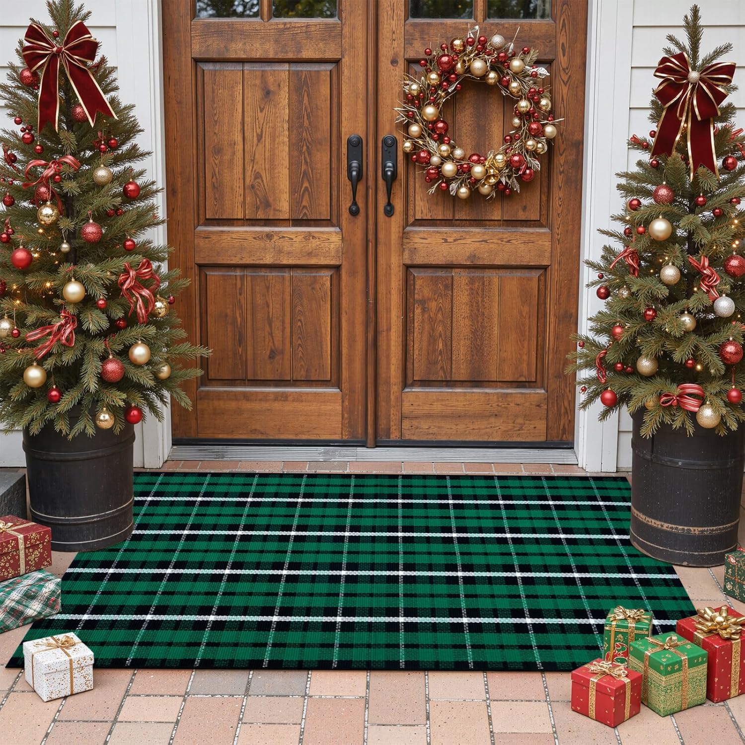 **** BROWN****LEEVAN Christmas Outdoor Rug 2x4, Buffalo Plaid Green and Black Checkered Entryway Rug, Xmas Washable Front Porch Door Mat Woven Cotton Layered Doormat Rug for Bathroom Kitchen Patio Holiday Decor Black Green 2'x 4'(Rectangular)