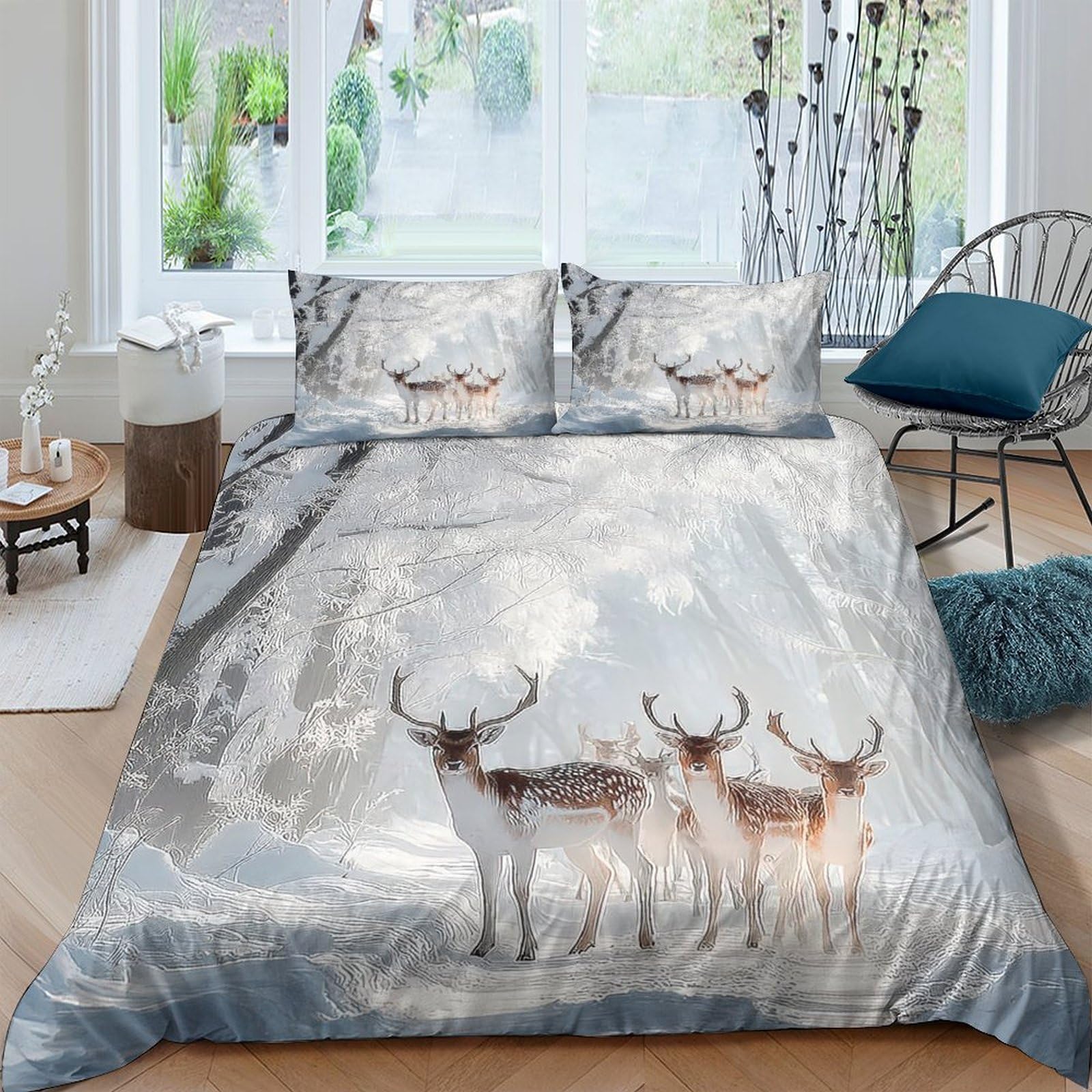 Ctjqhvkz Style-8 3D Printed Forest Deer Fitted Sheet Microfiber Soft Grey Woodland Mattress Cover For Bedroom Guest Room Decor Single（135X200cm）