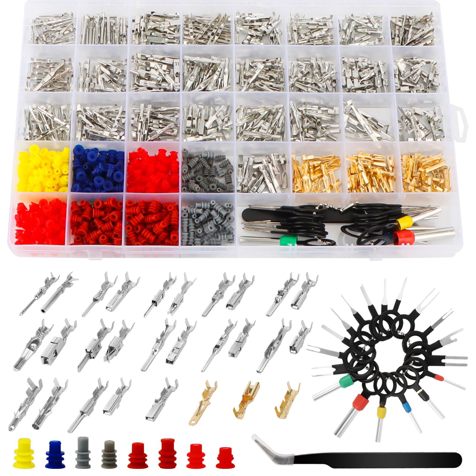 Kit terminali per connettori elettrici 969 pezzi senza crimpatrice, contatti maschio e femmina 1,0–3,5 mm, tappi di tenuta, 18 estrattori e pinzetta