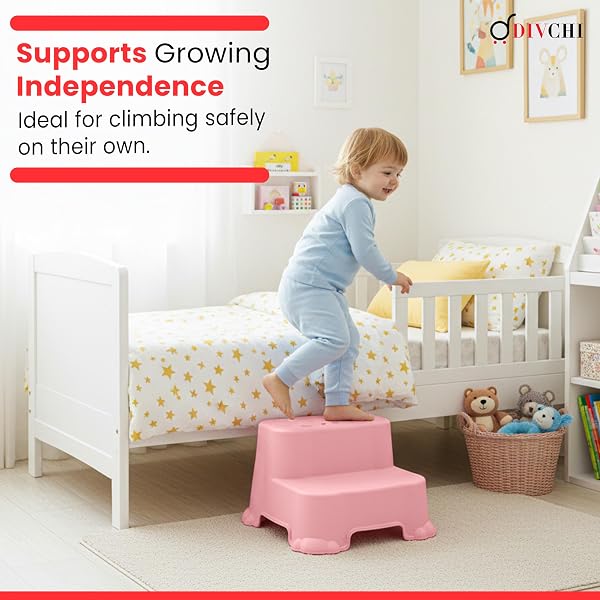DIVCHI Two-Step Stool For Kids Slip Ressistant Rubber Grip Nursery Step Stools Lightweight Portable Potty Training Stool With Non Slip Base For Bathroom & Kitchen (Pink) - 5