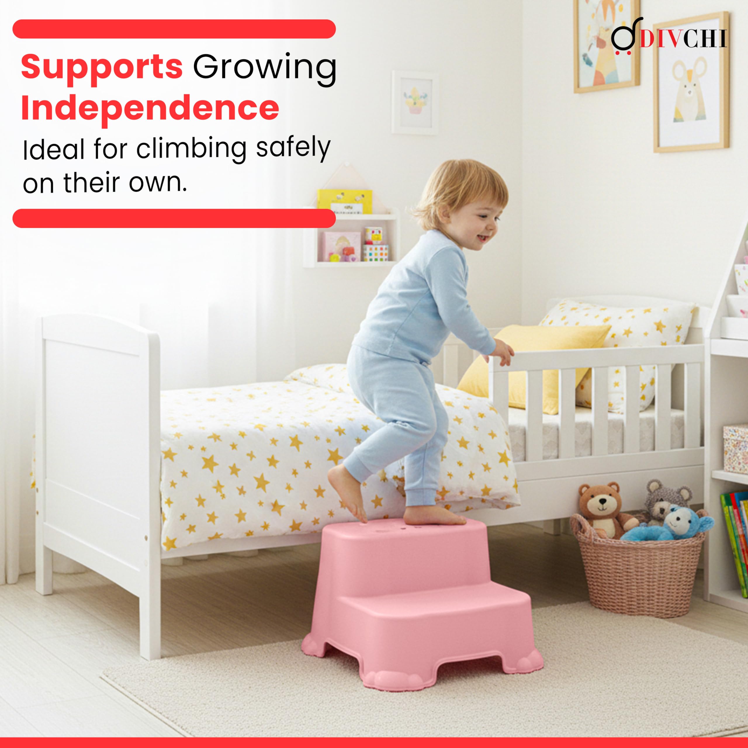 DIVCHI Two-Step Stool For Kids Slip Ressistant Rubber Grip Nursery Step Stools Lightweight Portable Potty Training Stool With Non Slip Base For Bathroom & Kitchen (Pink) — view 5