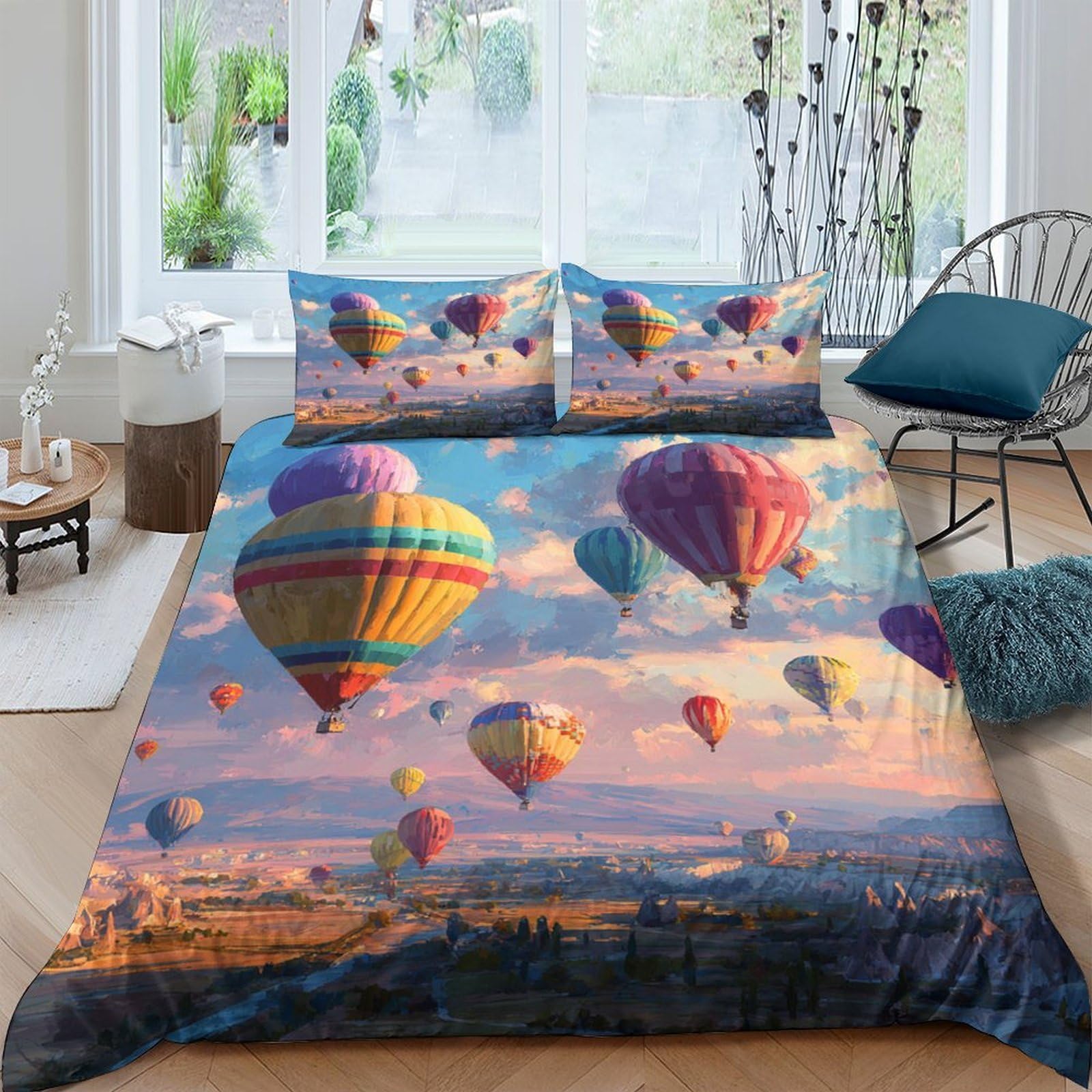 Ctjqhvkz Style-8 3D Printed Hot Air Balloon Fitted Sheet Microfiber Colourful Sky Mattress Cover For Bedroom Guest Room Decor Single（135X200cm）
